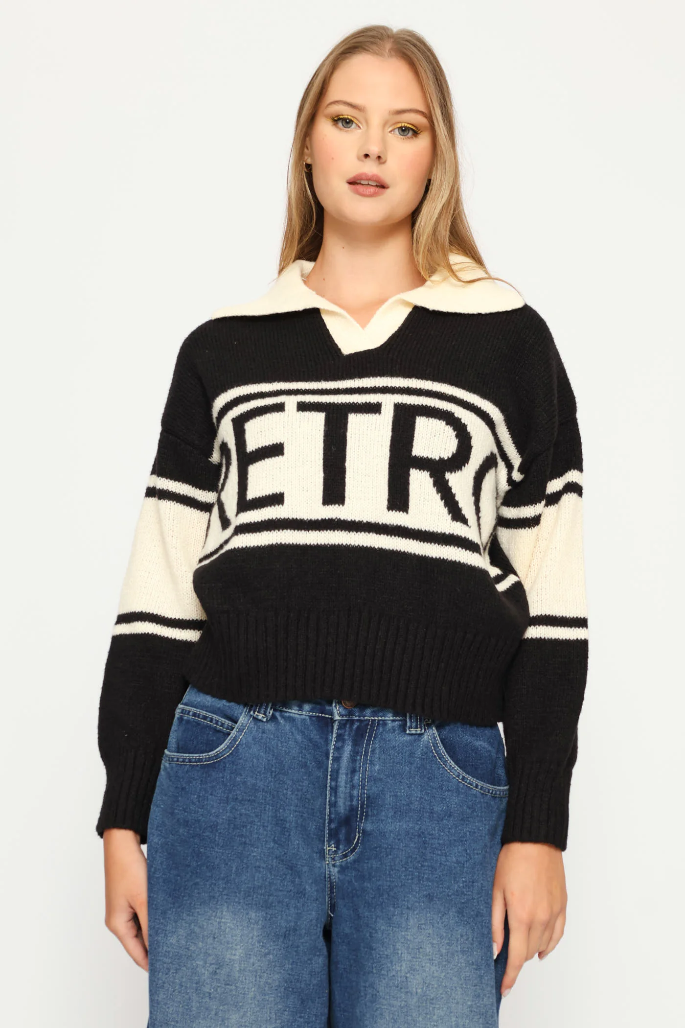 Retro Collar Knit Pullover - Black - Image 3
