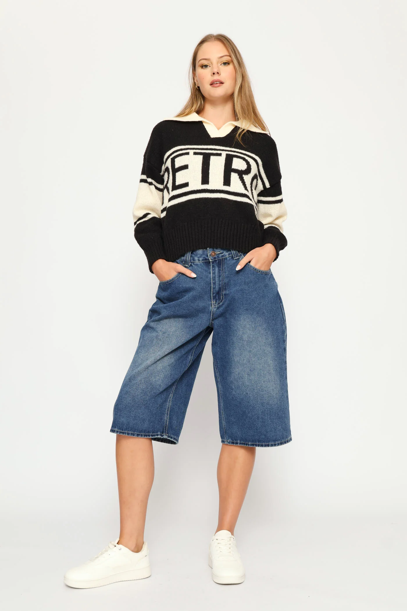 Retro Collar Knit Pullover - Black - Image 6