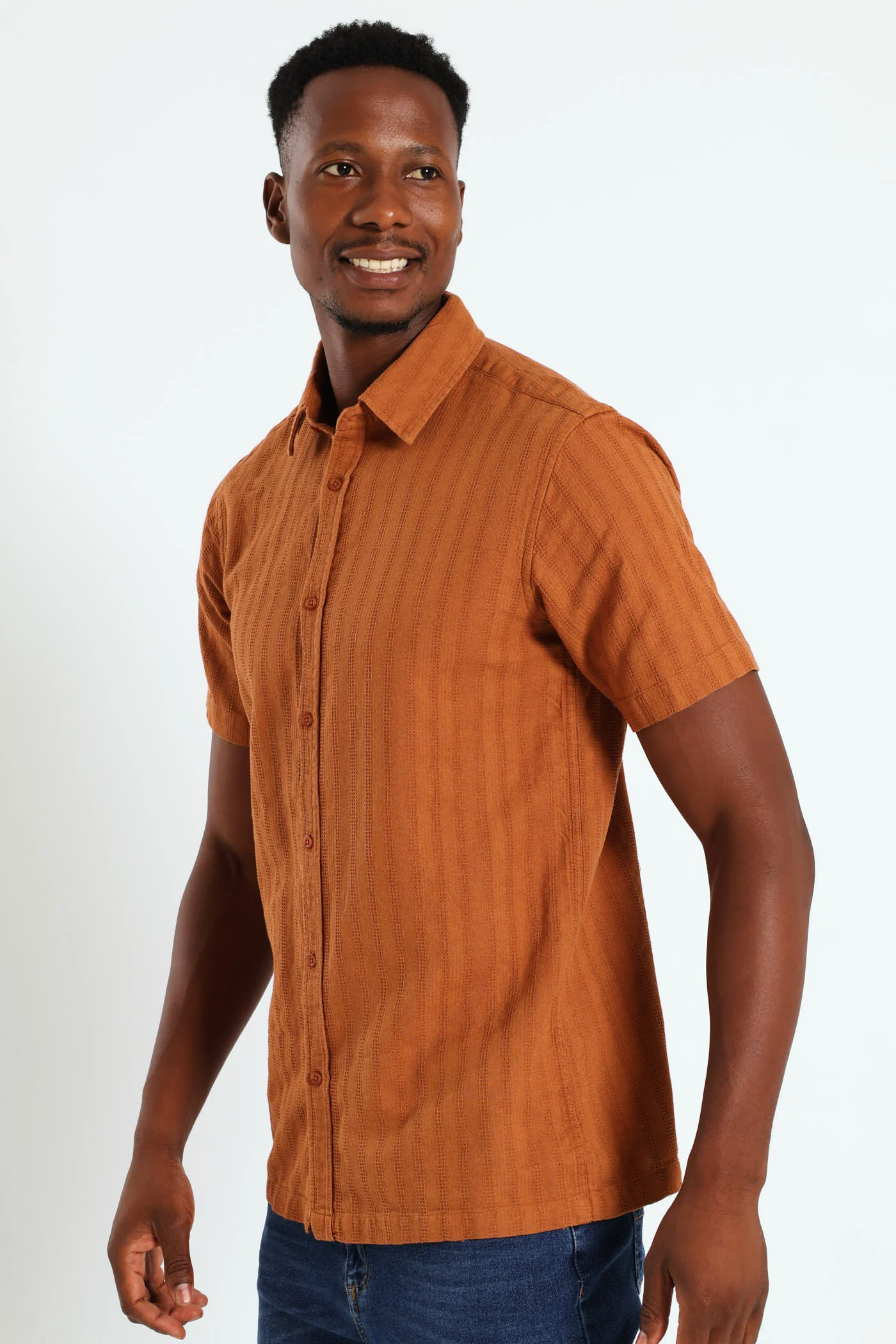 Reverend Collar Plain Stripe Shirt - Rust - Image 2