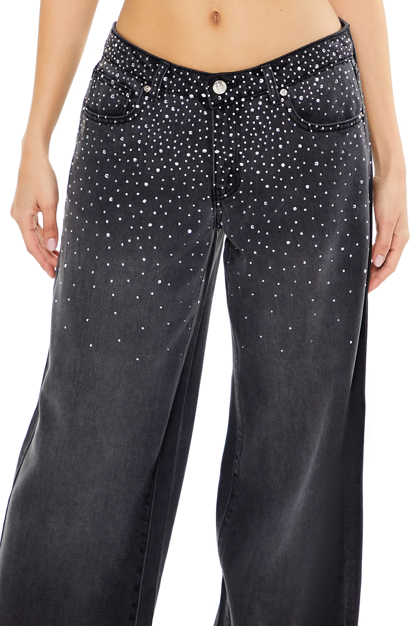 Rhinestone Low-Rise Baggy Jeans - Black - Image 2