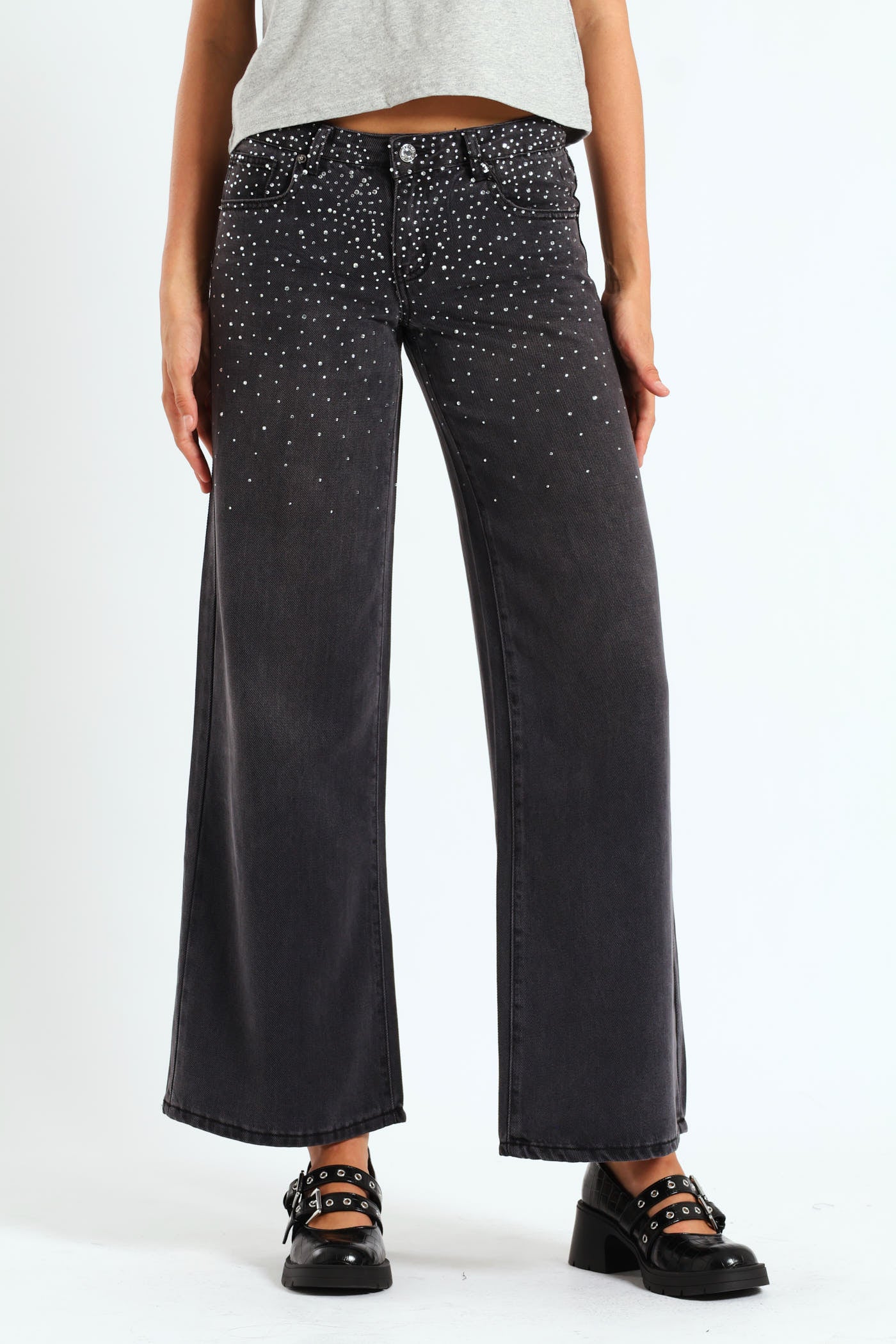 Rhinestone Low-Rise Baggy Jeans - Black - Image 4