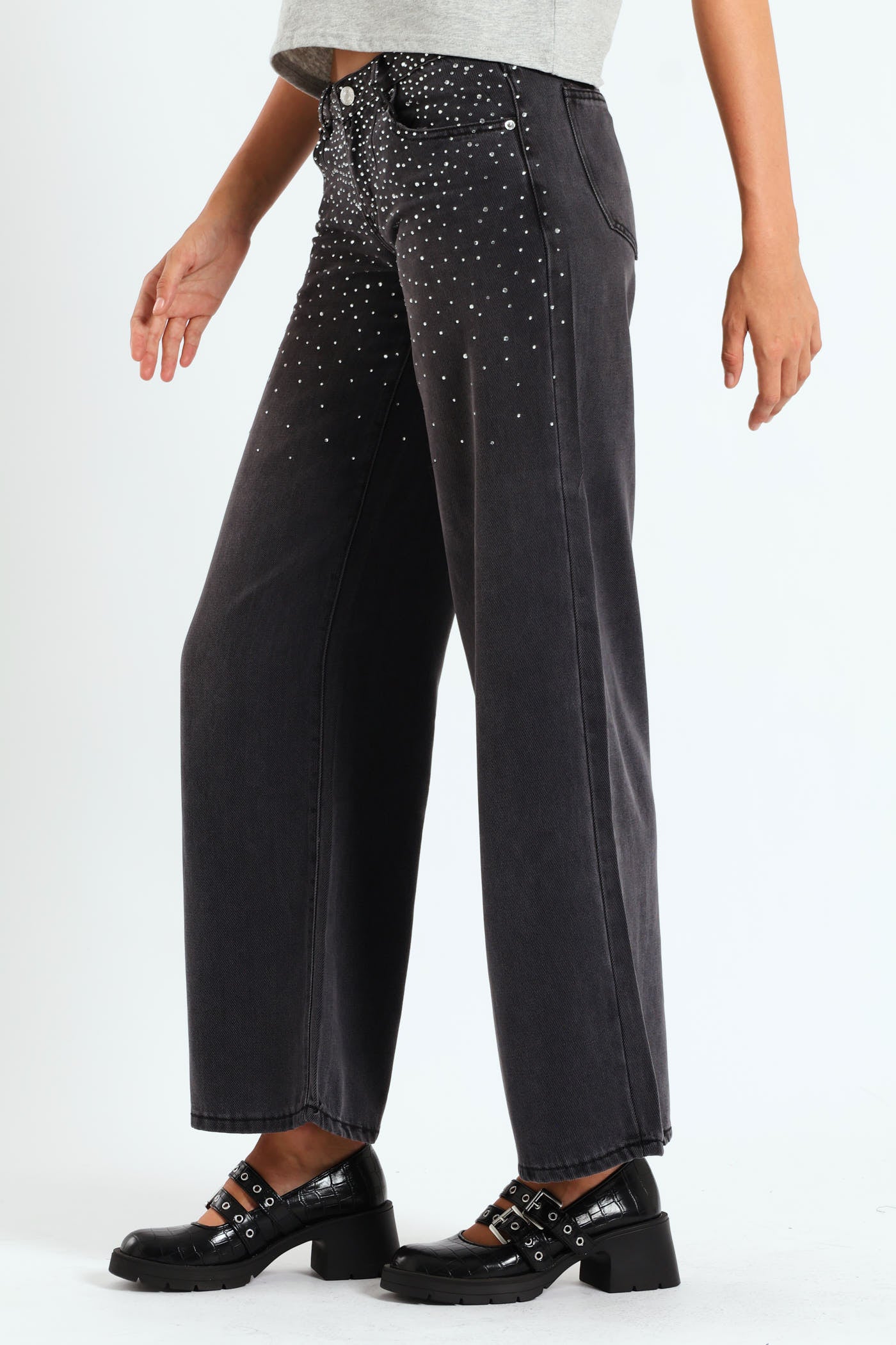 Rhinestone Low-Rise Baggy Jeans - Black - Image 5