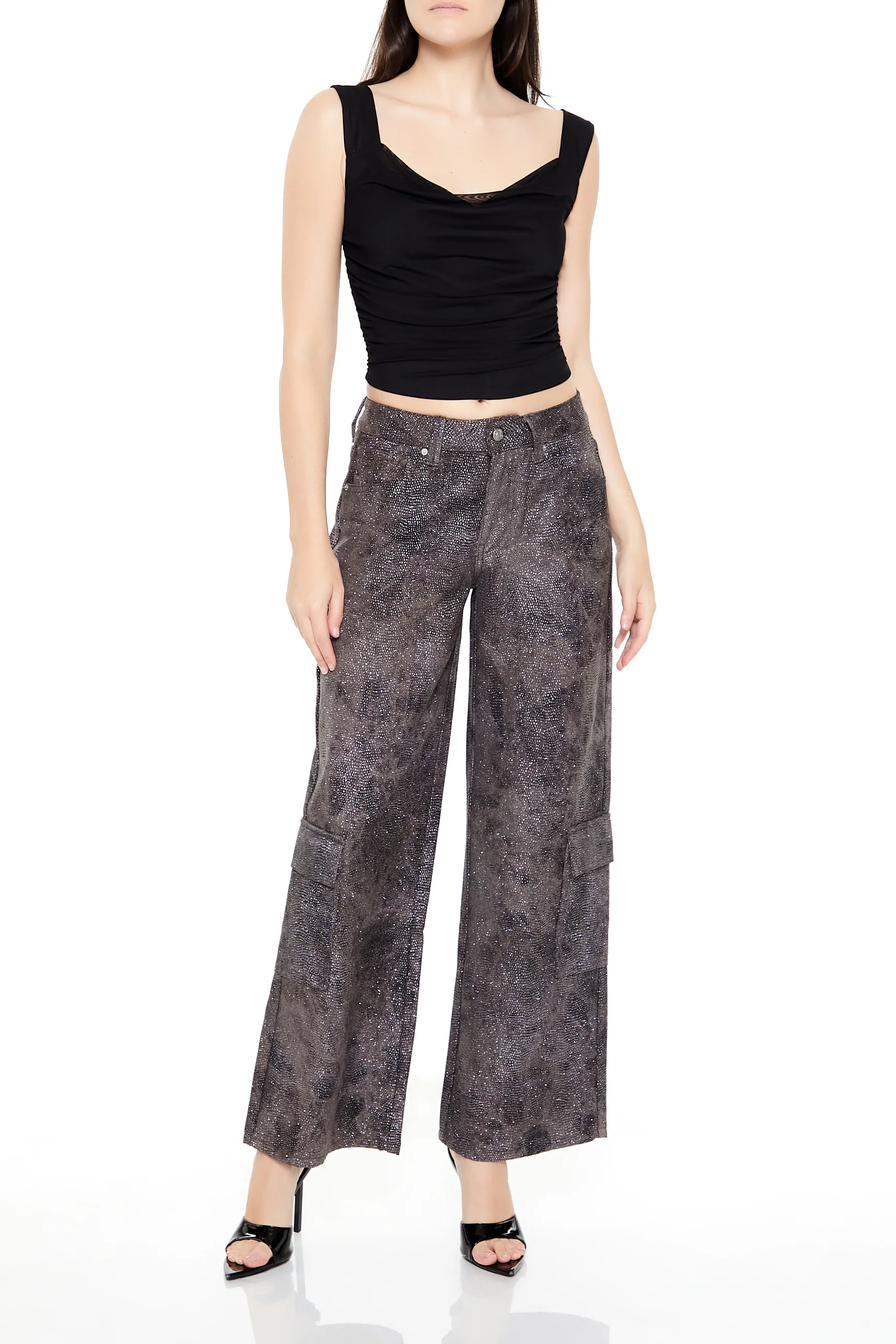 Rhinestone Mid-Rise Cargo Pants - Brown - Image 3