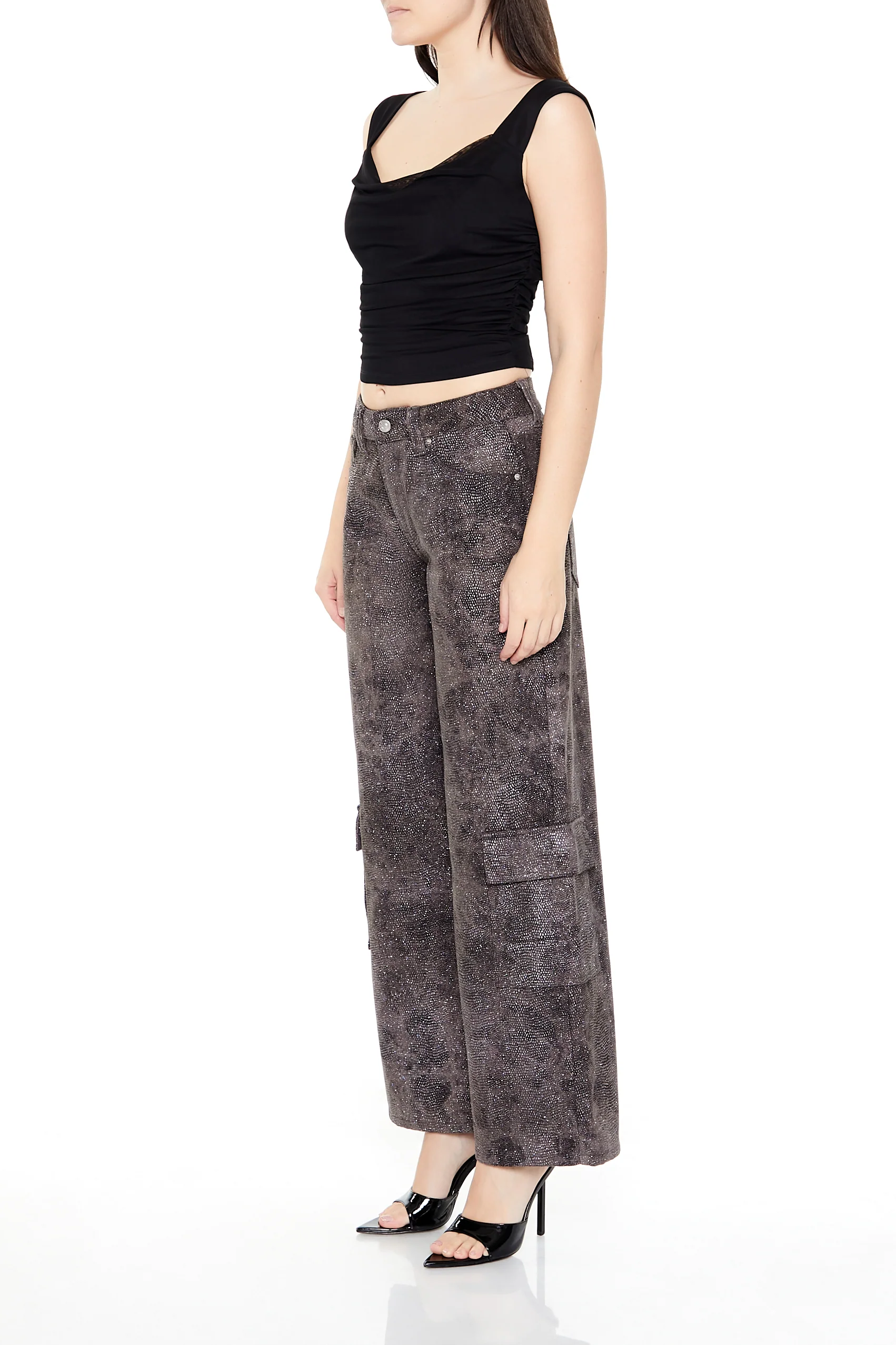 Rhinestone Mid-Rise Cargo Pants - Brown - Image 4