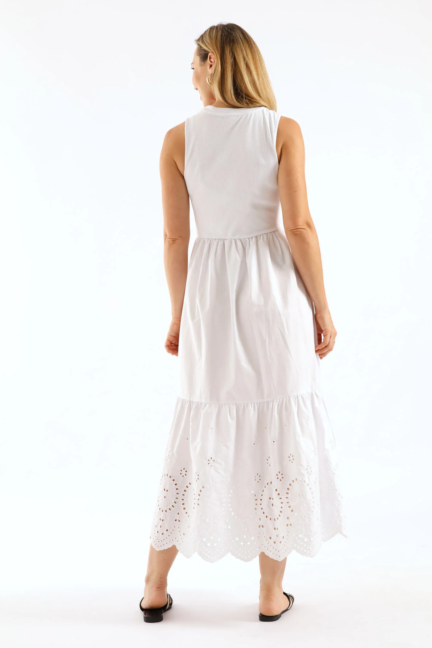 Rib Combo Anglaise Frill Hem Midaxi Dress - White - Image 4