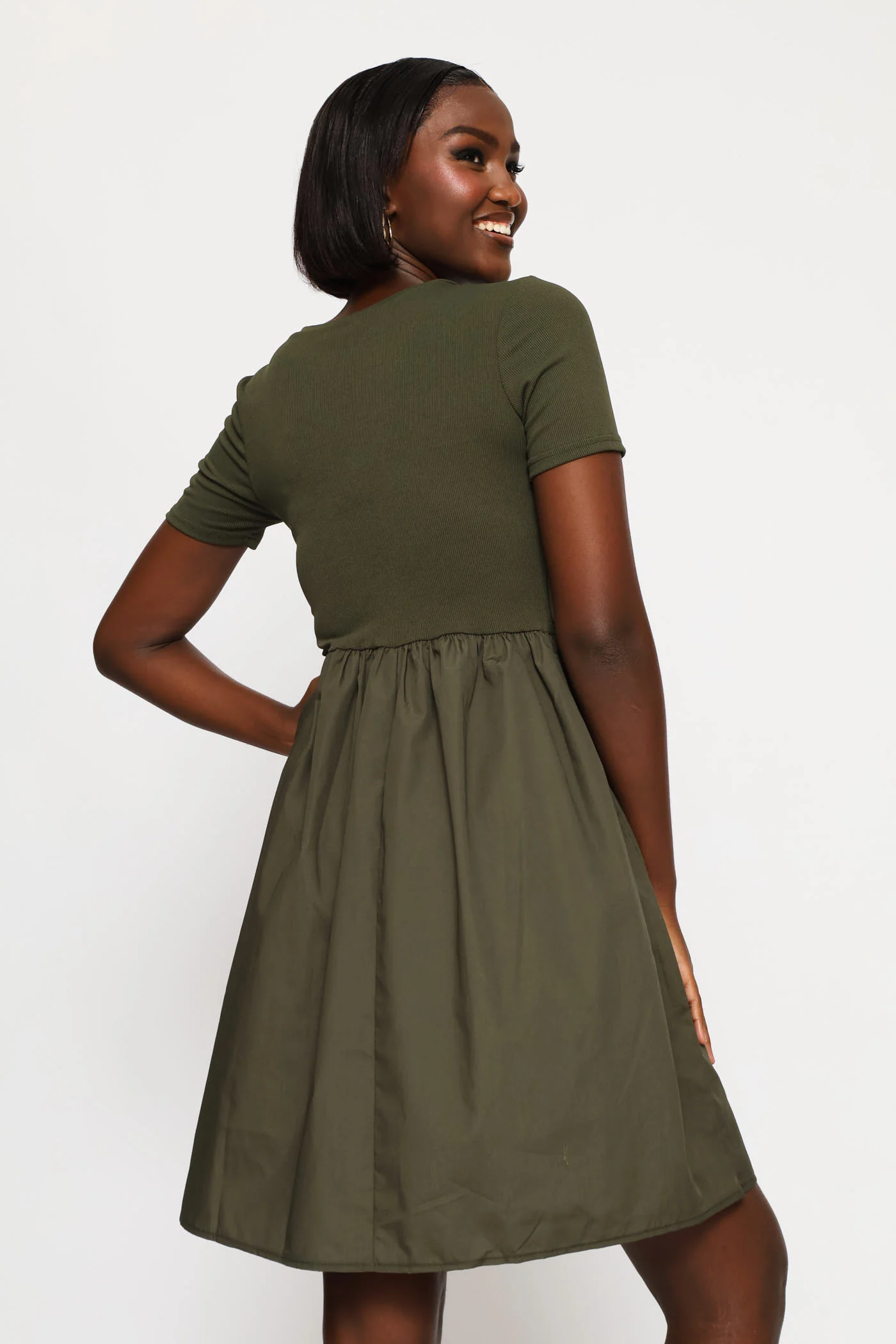Rib Combo Babydoll Mini Dress - Fatigue - Image 2