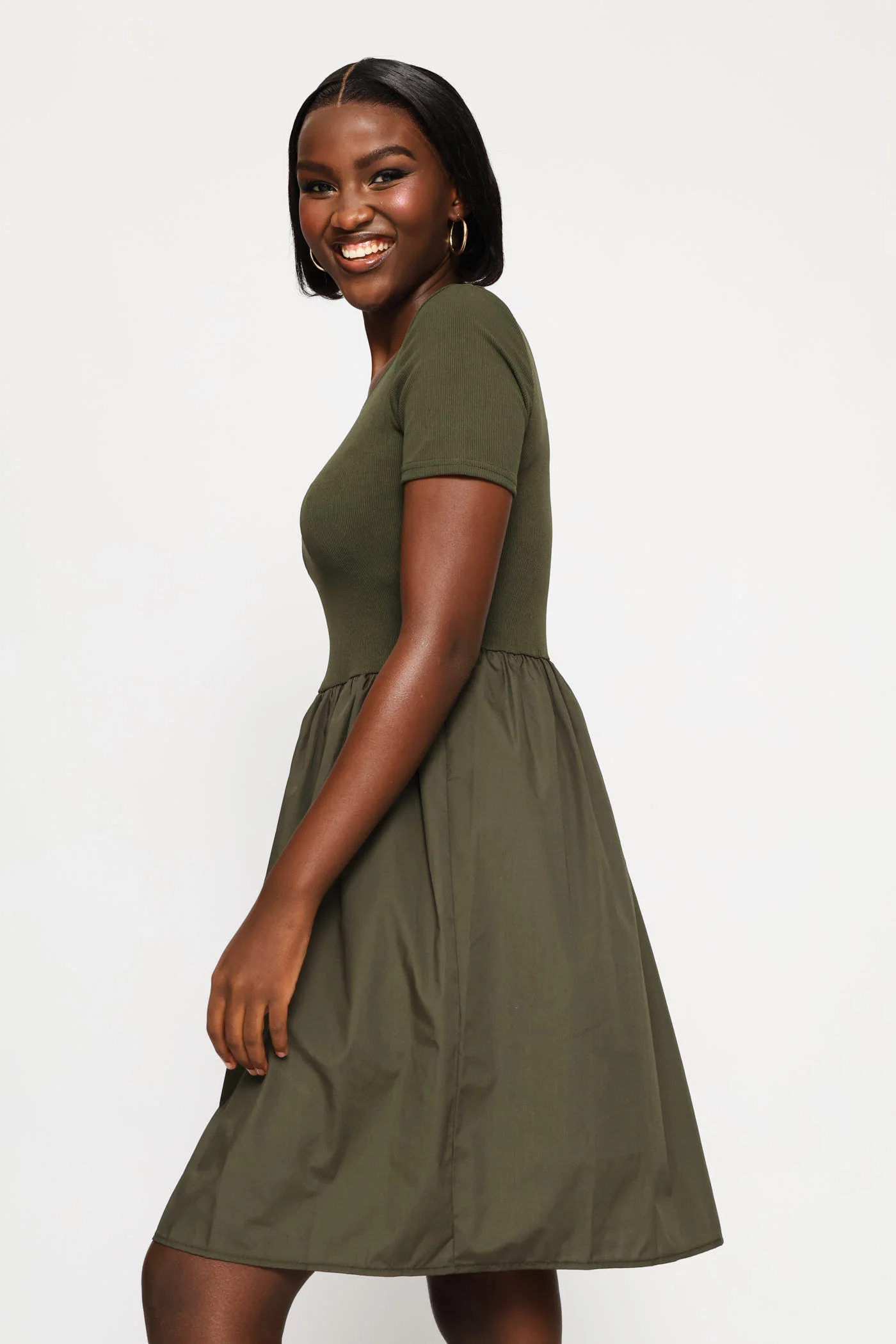 Rib Combo Babydoll Mini Dress - Fatigue - Image 3