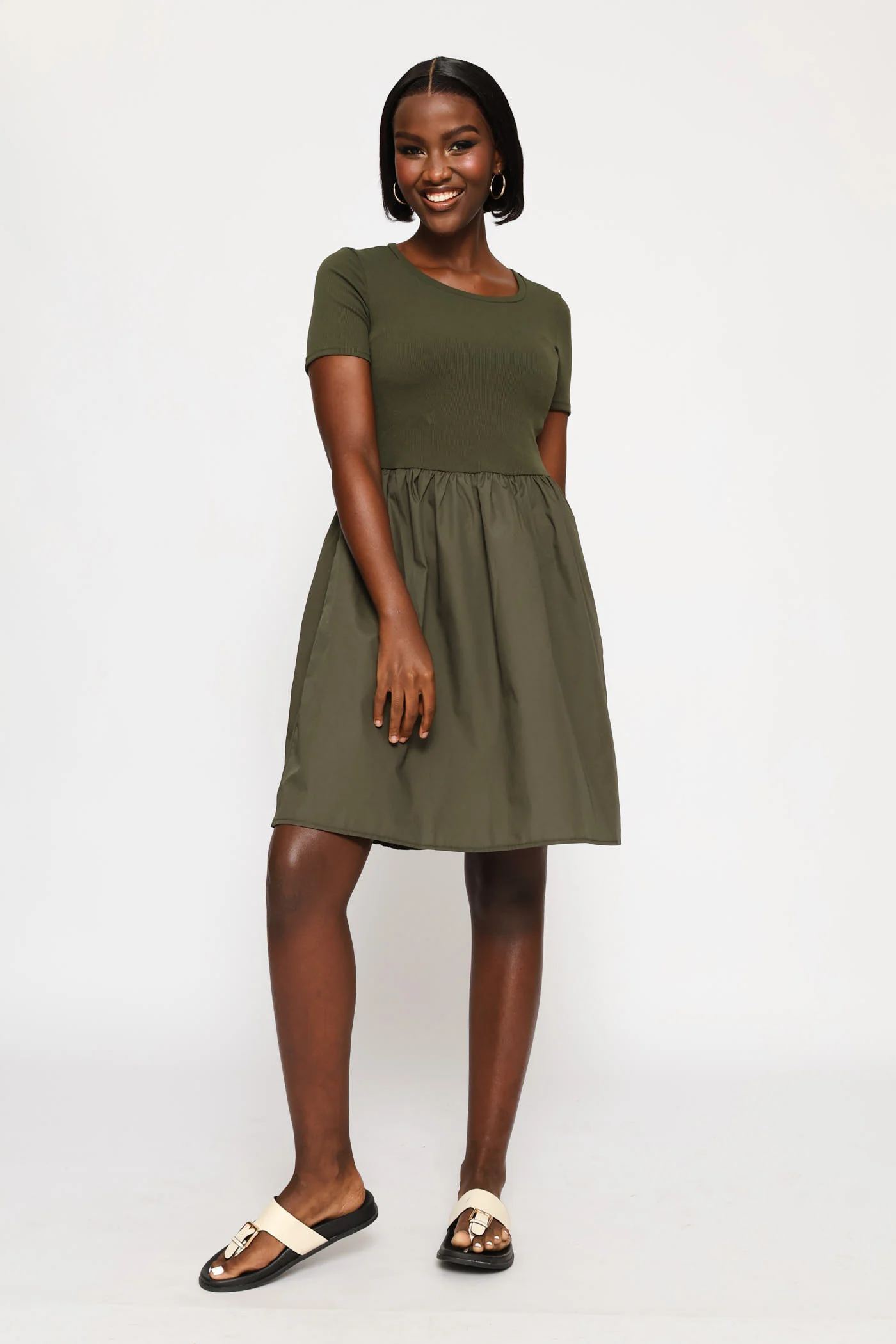 Rib Combo Babydoll Mini Dress - Fatigue - Image 5