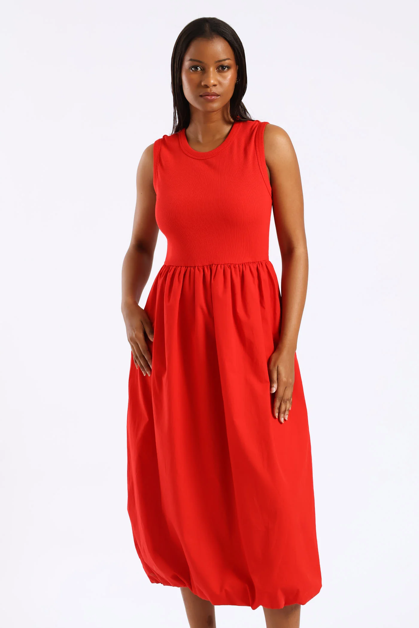 Rib Combo Bubble Hem Midaxi Dress - Mid Red - Image 3