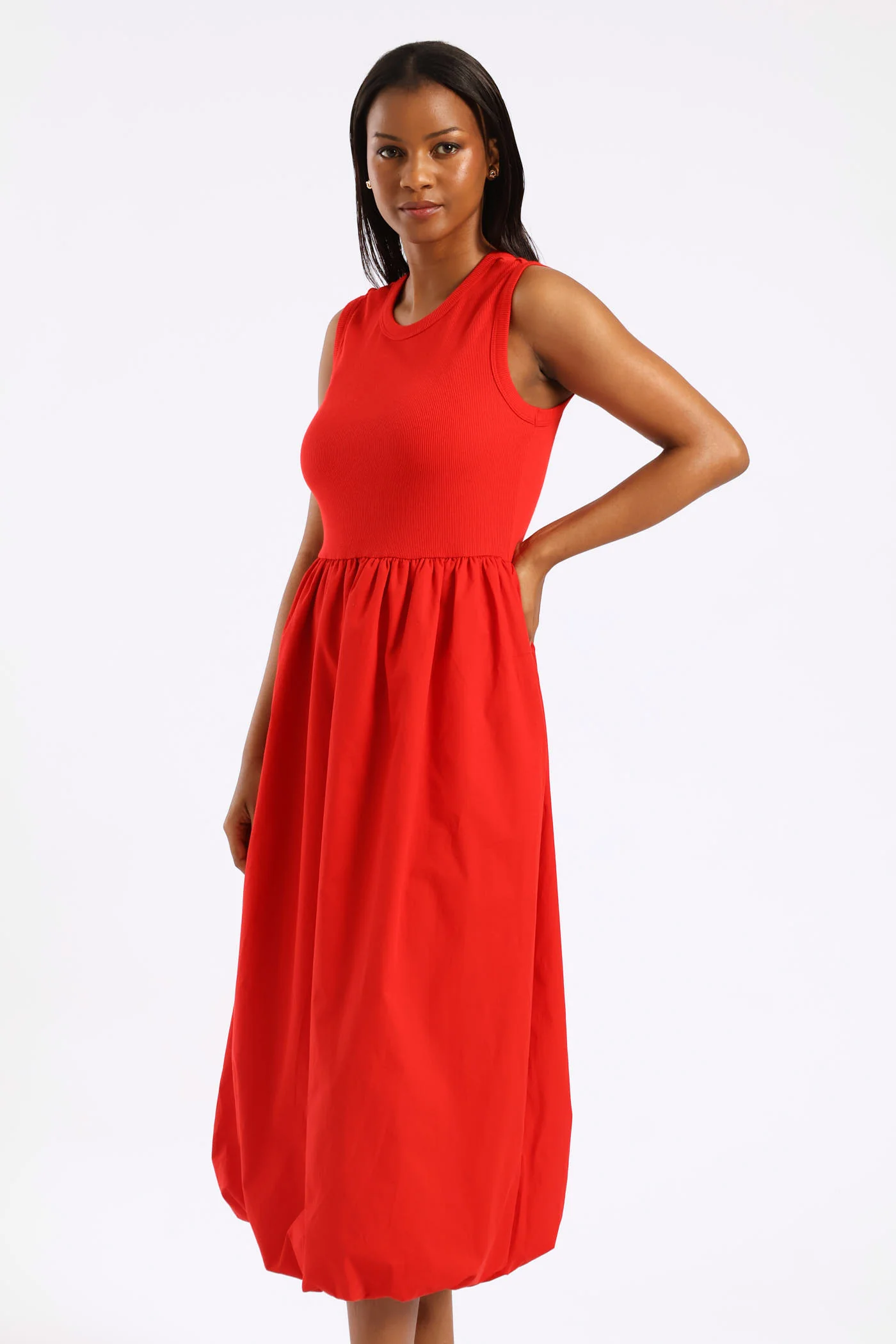 Rib Combo Bubble Hem Midaxi Dress - Mid Red - Image 4
