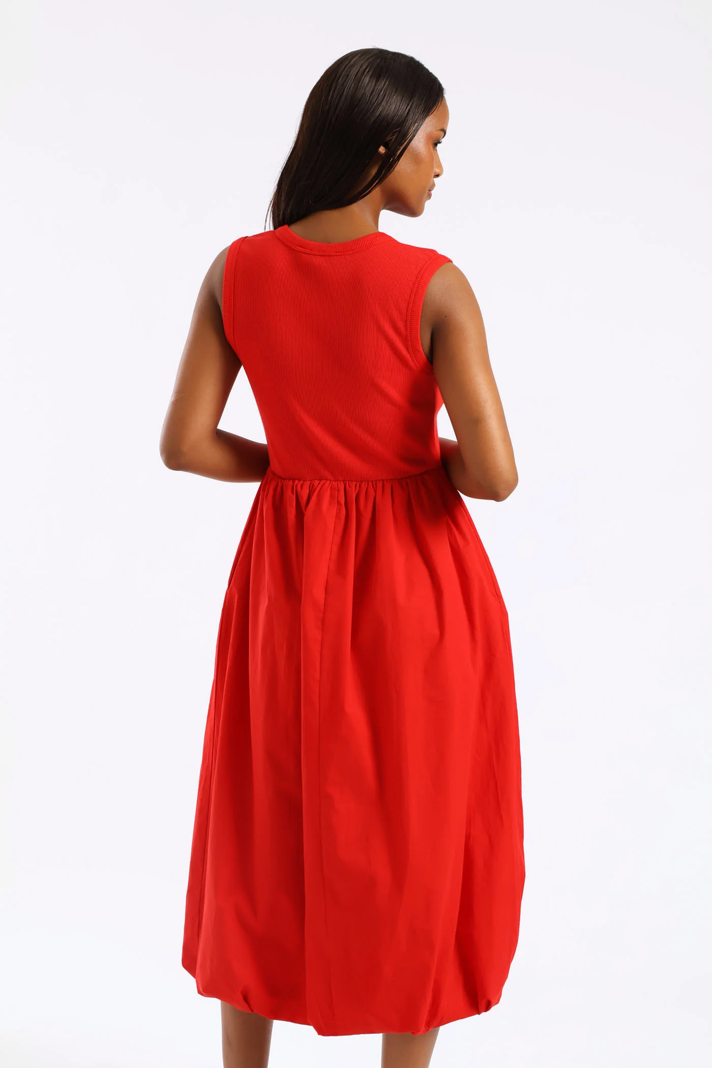 Rib Combo Bubble Hem Midaxi Dress - Mid Red - Image 5