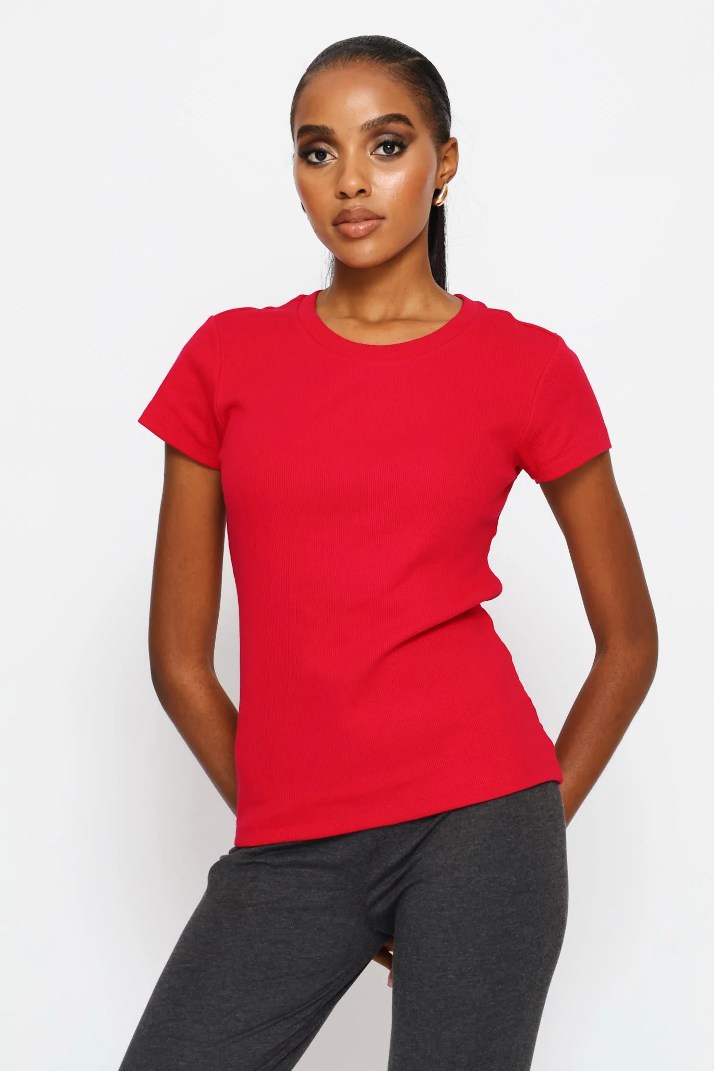 Rib Fitted Crew Tee - Cerise - Image 3