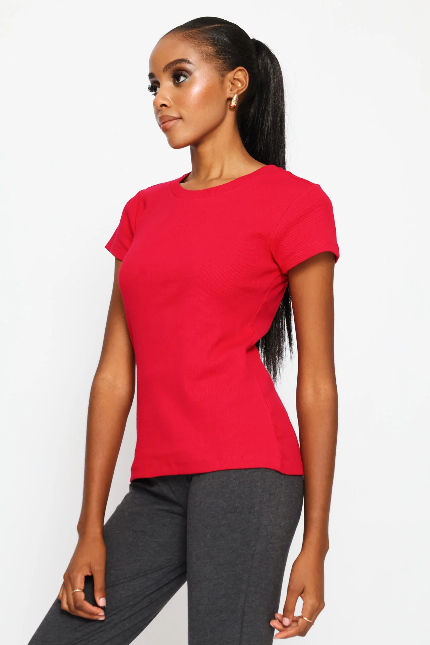 Rib Fitted Crew Tee - Cerise - Image 4