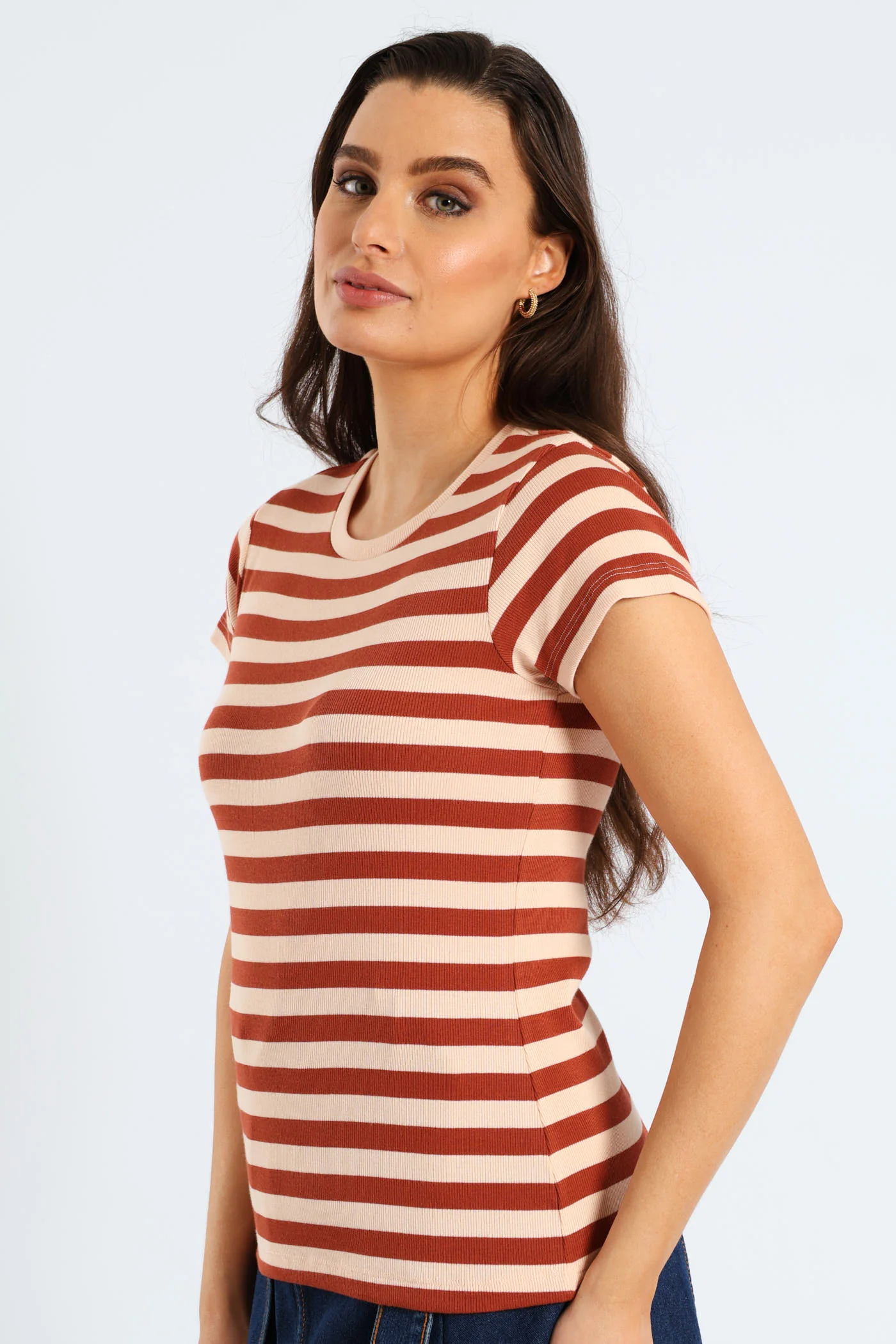 Rib Fitted Stripe Tee - Cinnamon - Image 2