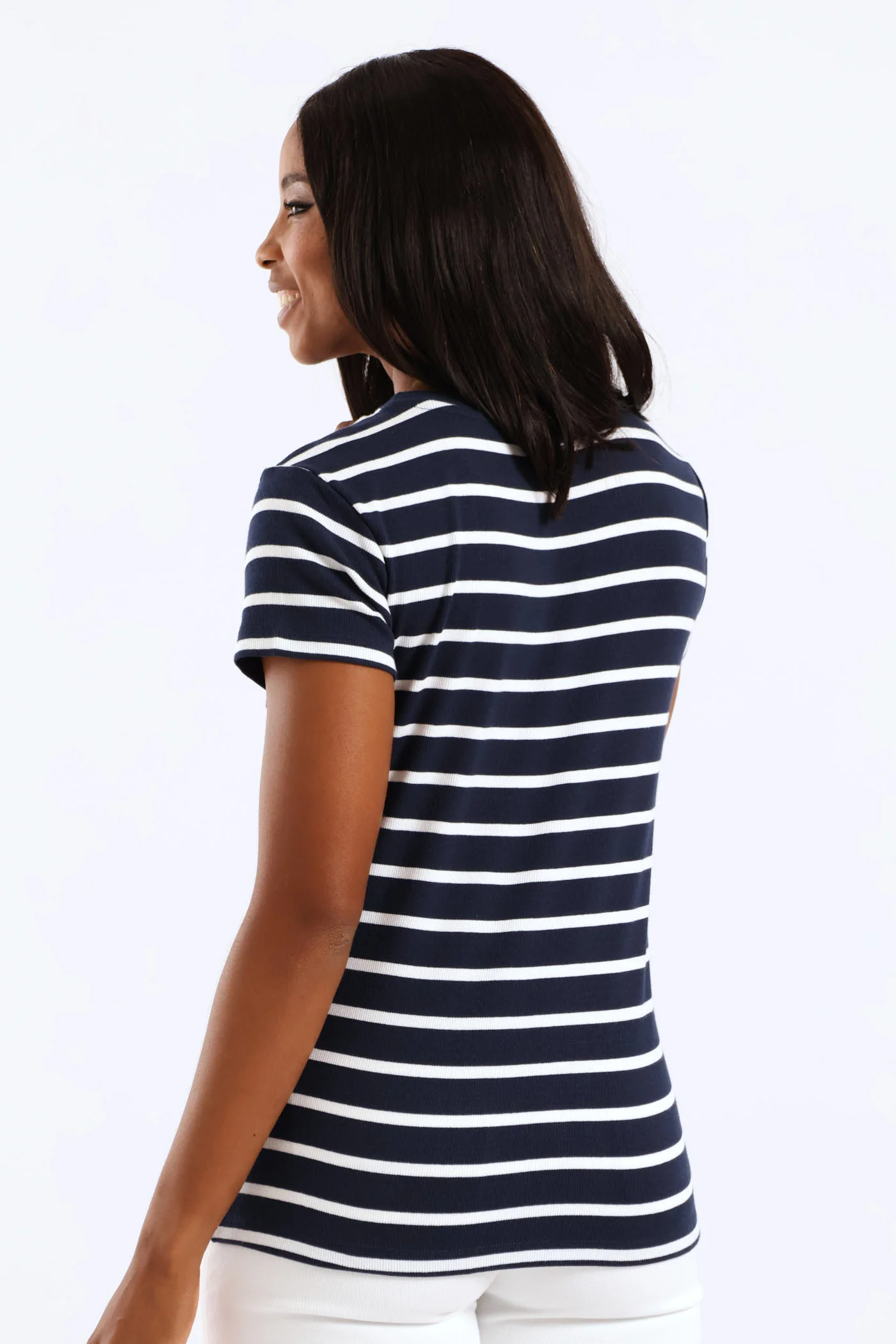 Rib Fitted Stripe Tee - Navy/White - Image 3