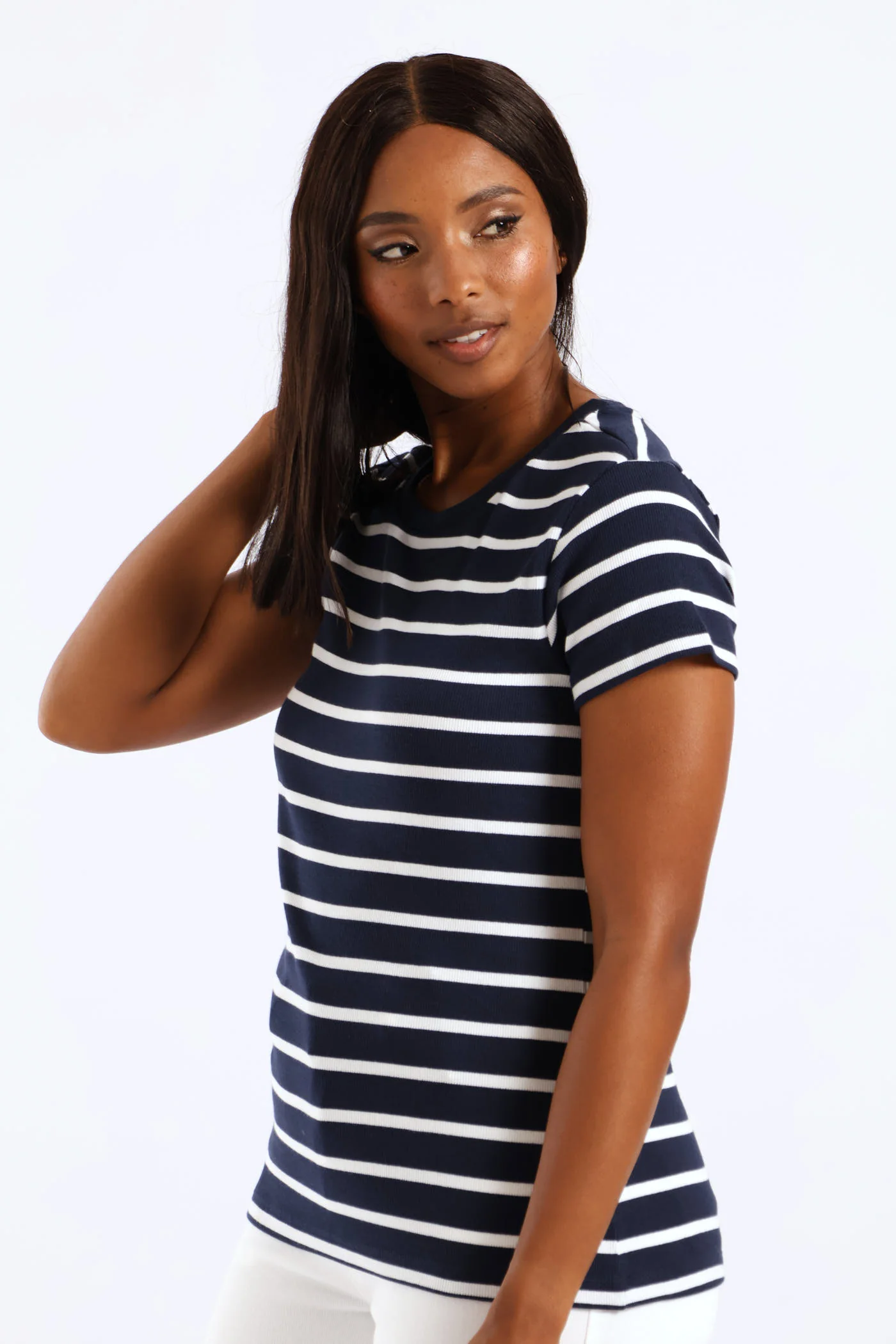 Rib Fitted Stripe Tee - Navy/White - Image 5
