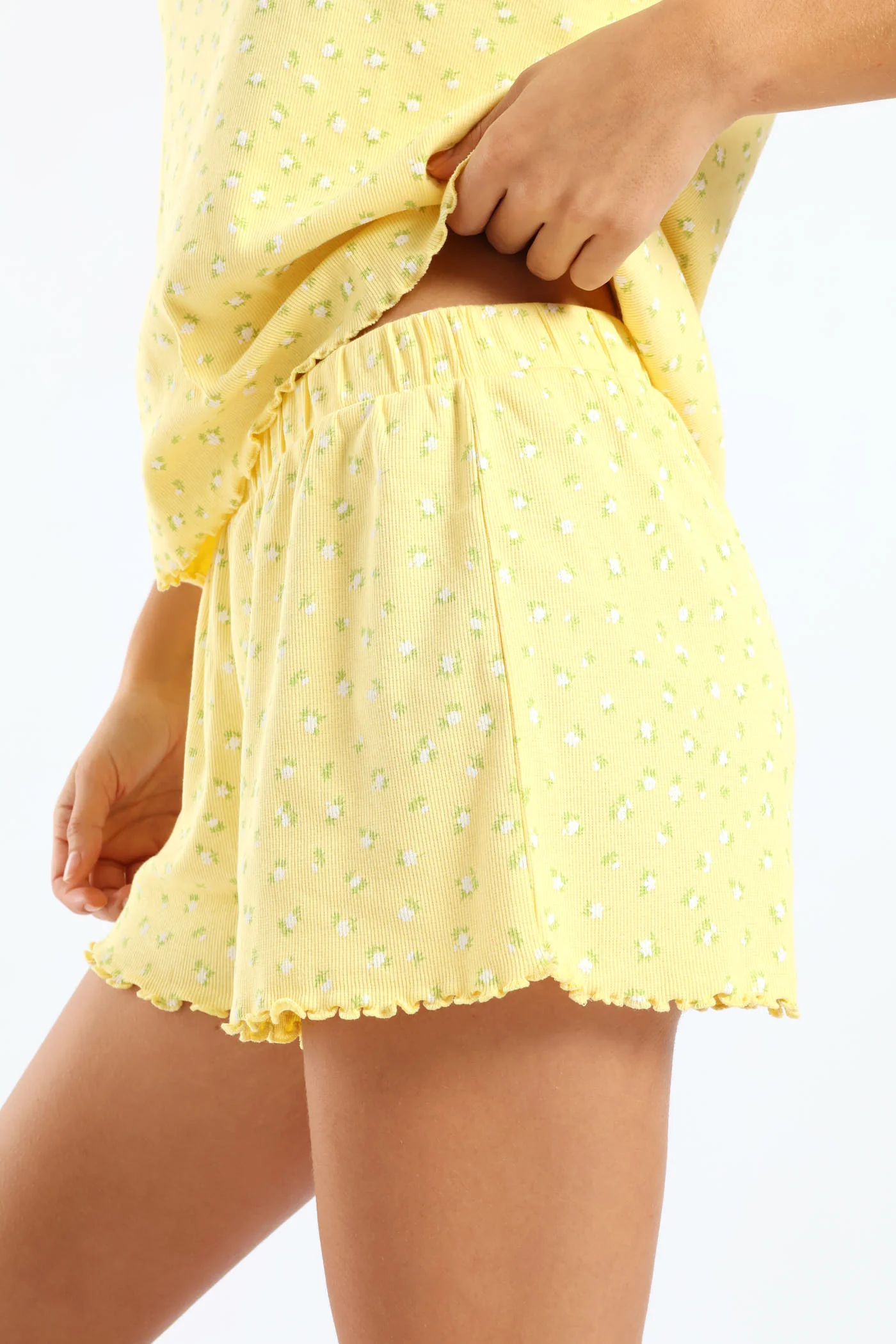 Rib Knit Ditsy Short - Yellow - Image 4