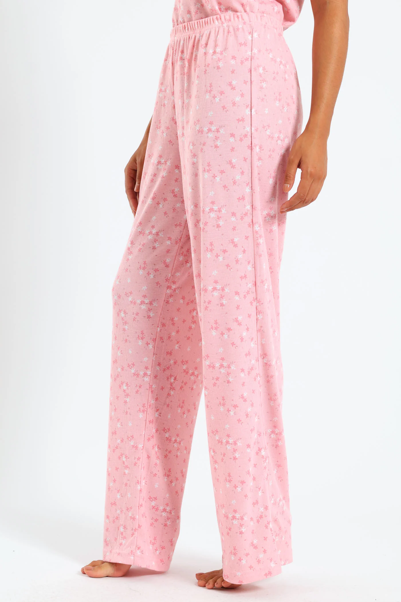 Rib Knit Ditsy Straight Leg Pant - Pink - Image 3