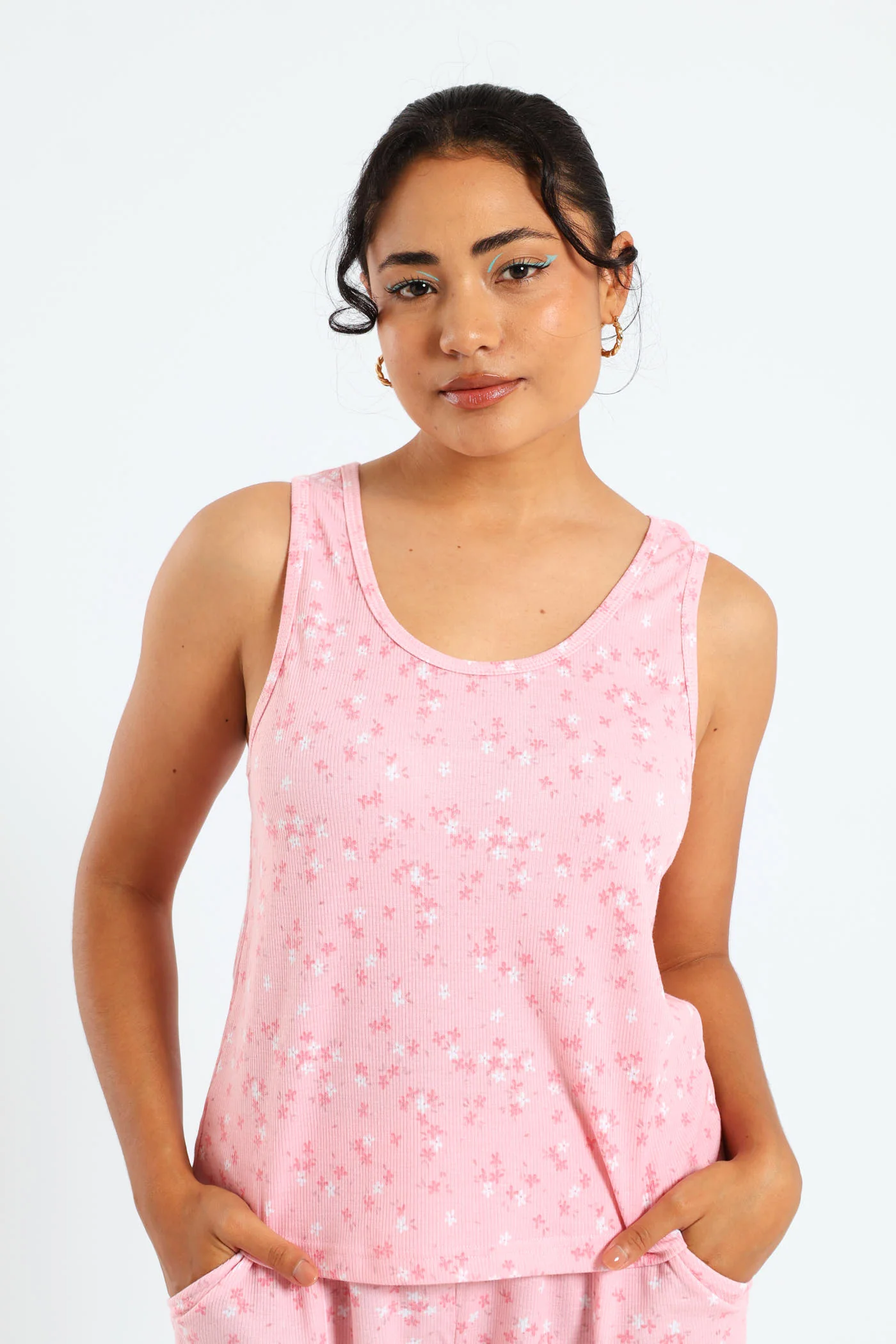 Rib Knit Ditsy Tank Top - Pink - Image 2