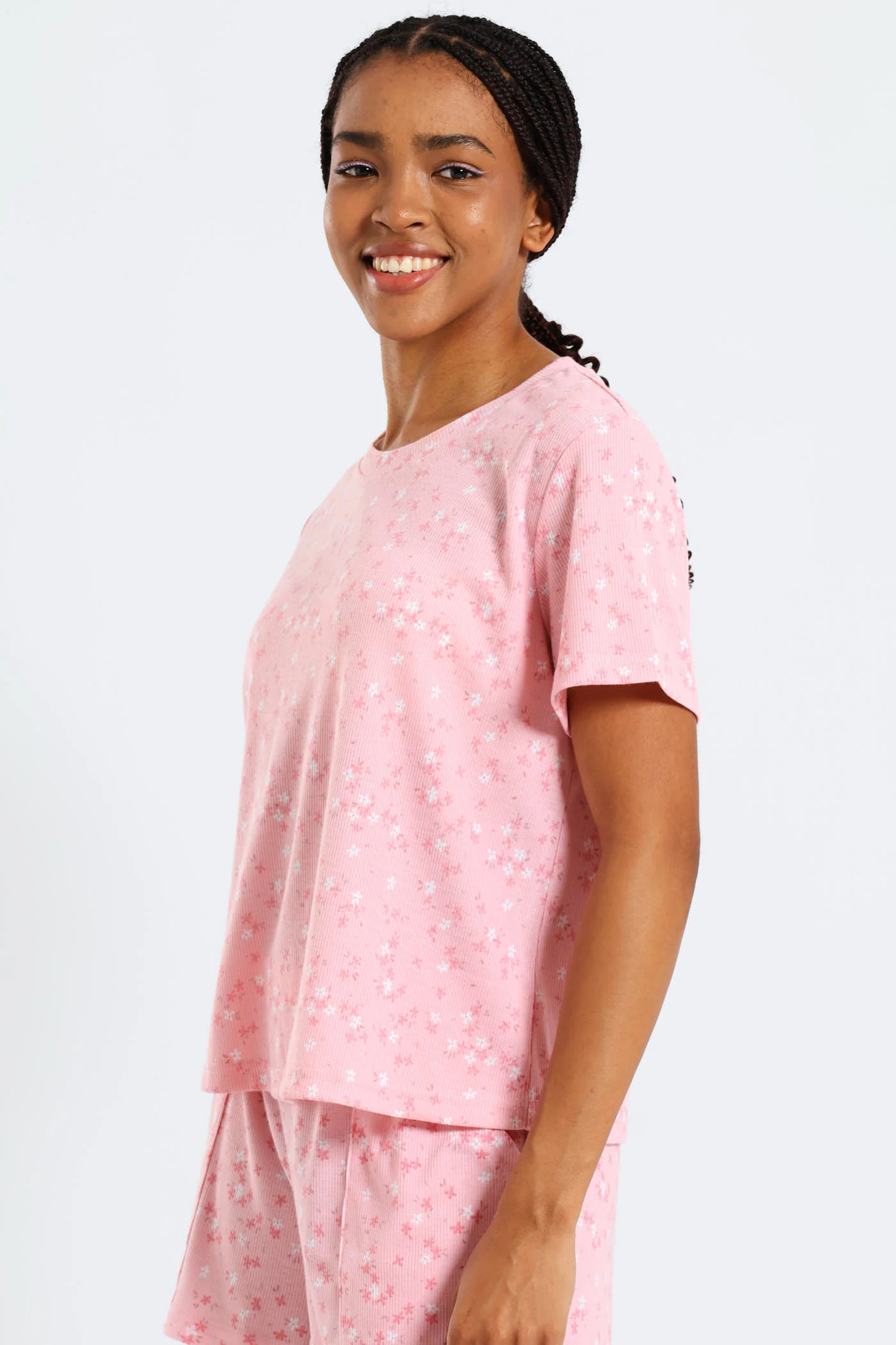 Rib Knit Ditsy Tee - Pink - Image 2