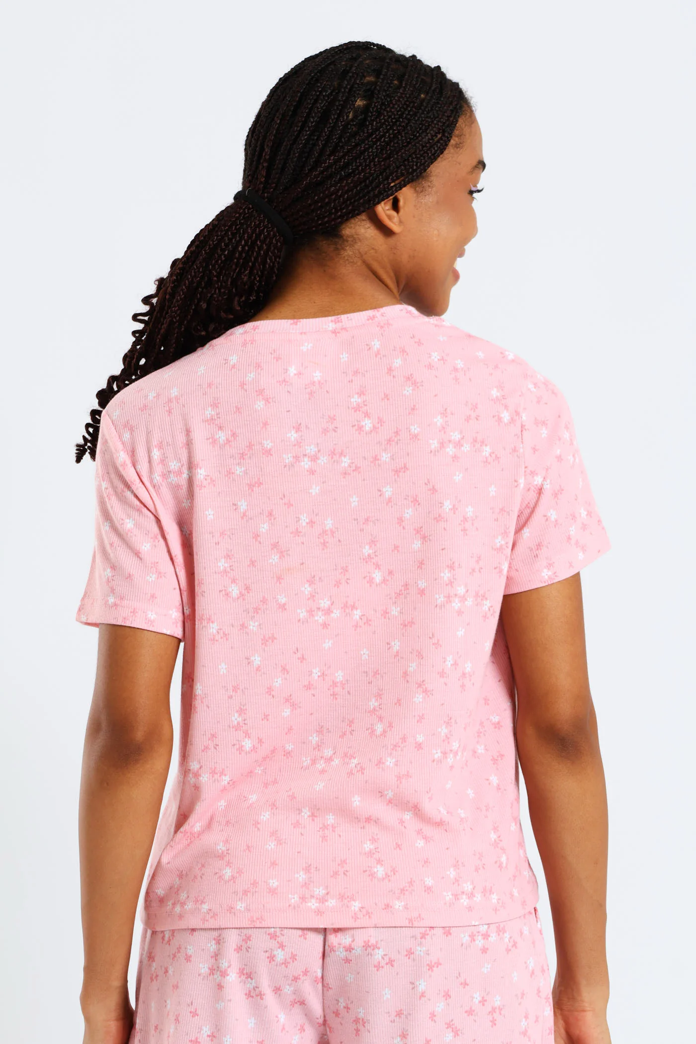 Rib Knit Ditsy Tee - Pink - Image 3