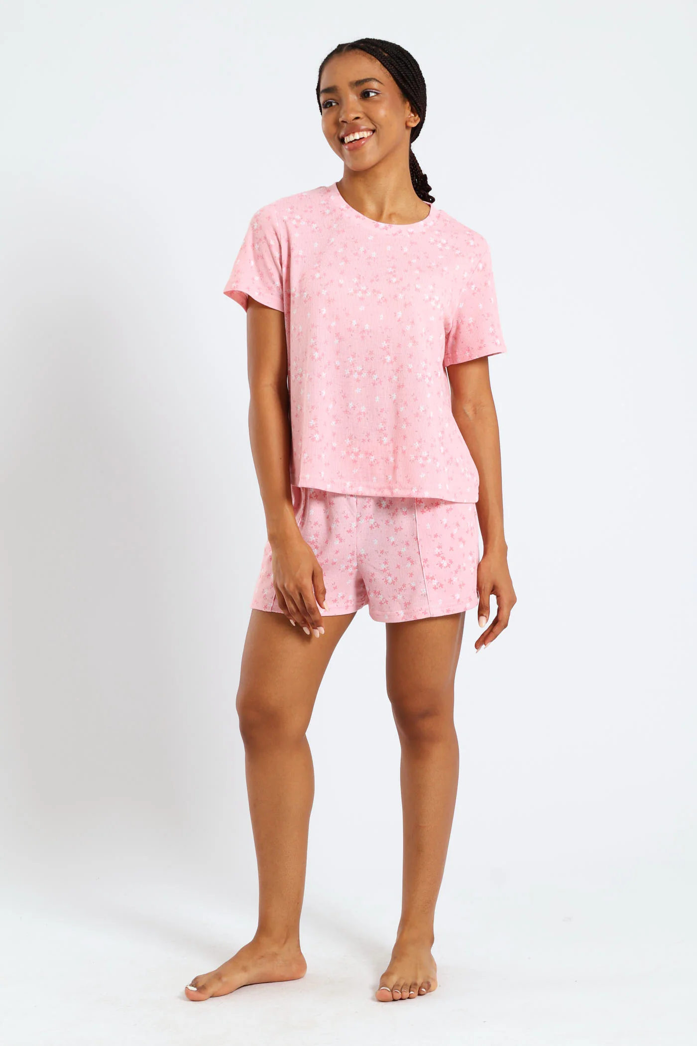 Rib Knit Ditsy Tee - Pink - Image 5