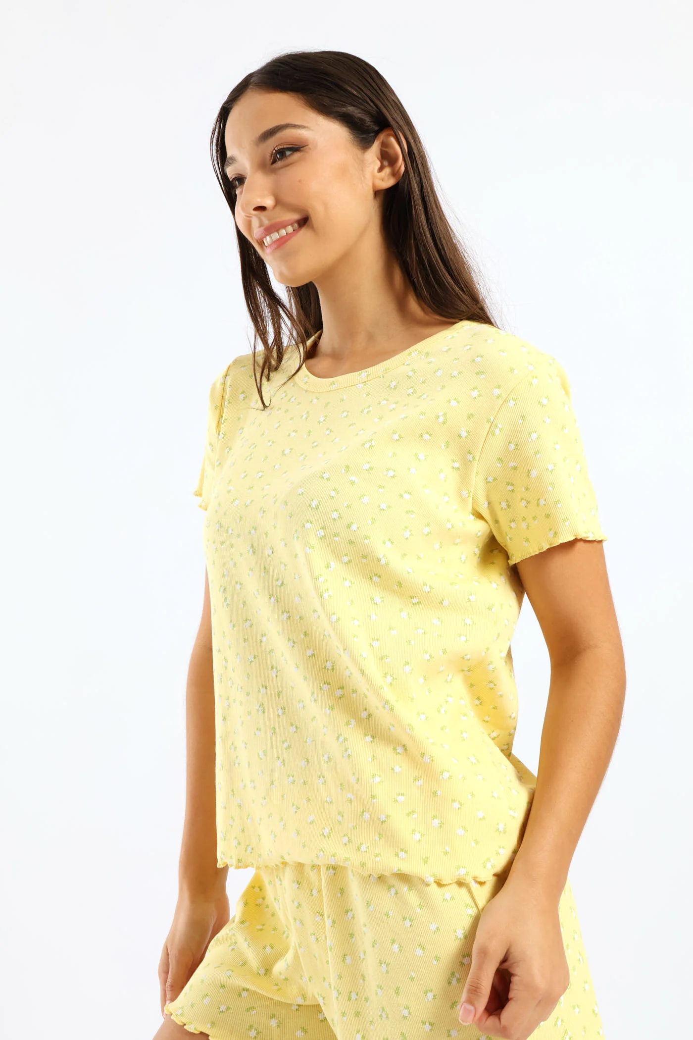 Rib Knit Ditsy Tee - Yellow - Image 3