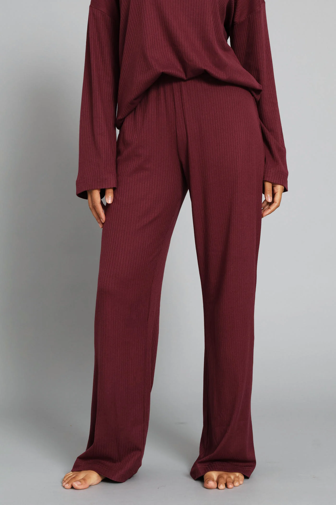 Rib Knit Straight Leg Pant - Burgundy - Image 2