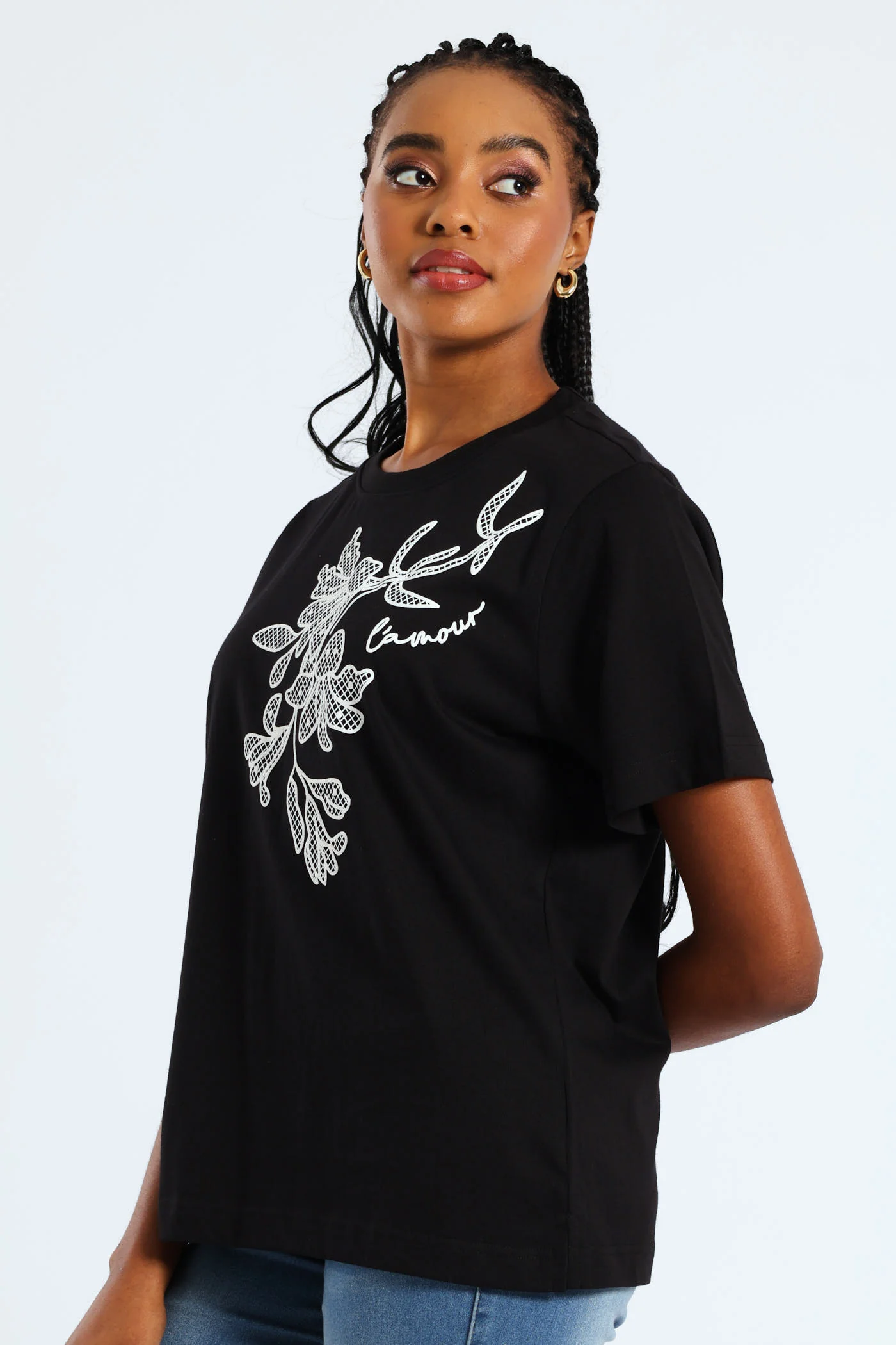 Rib Neck Boxy Puff Placement Floral Tee - Black - Image 3