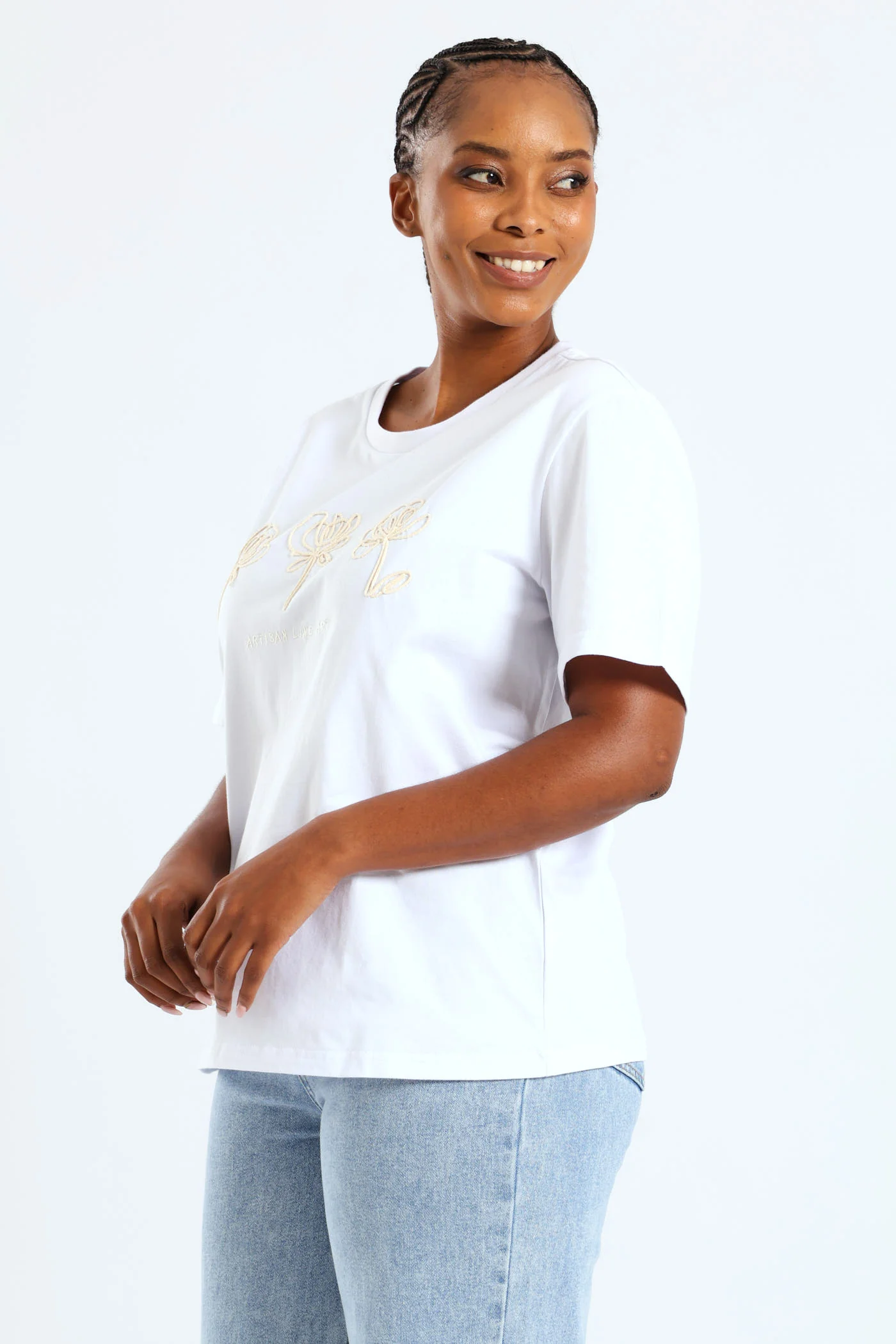 Rib Neck Cornelli Flowers Tee - White - Image 3