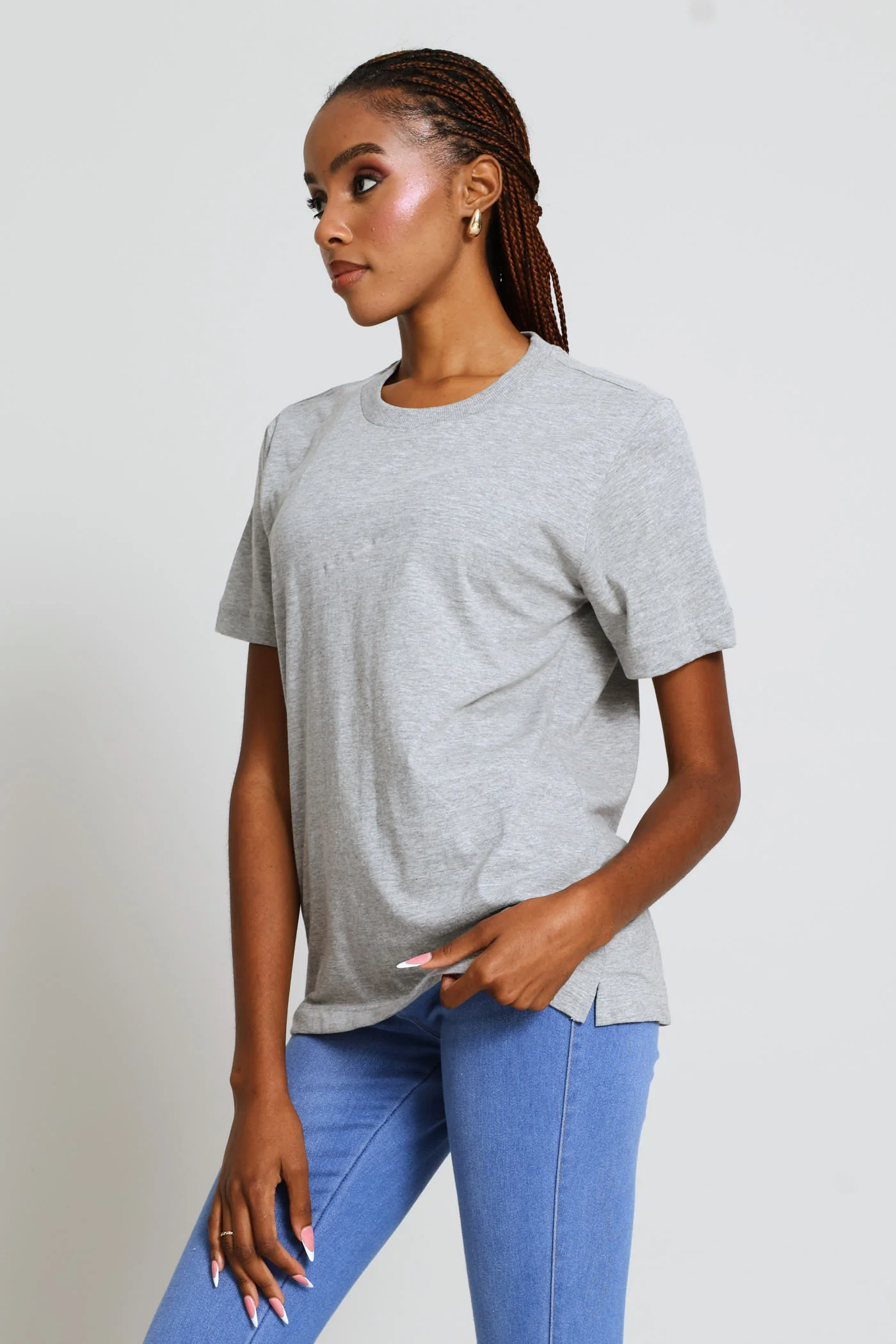Rib Neck Cotton Boxy Tee - Grey Melange - Image 3
