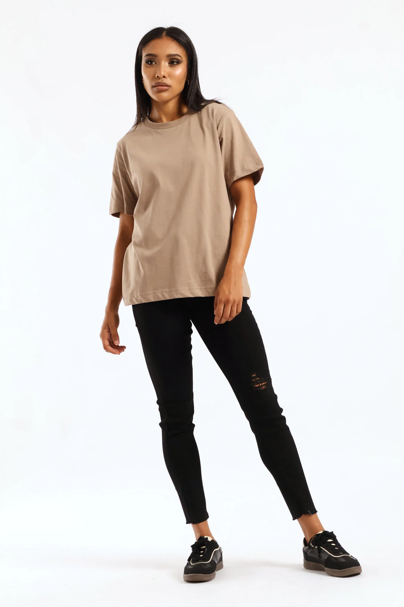 Rib Neck Cotton Boxy Tee - Taupe - Image 2
