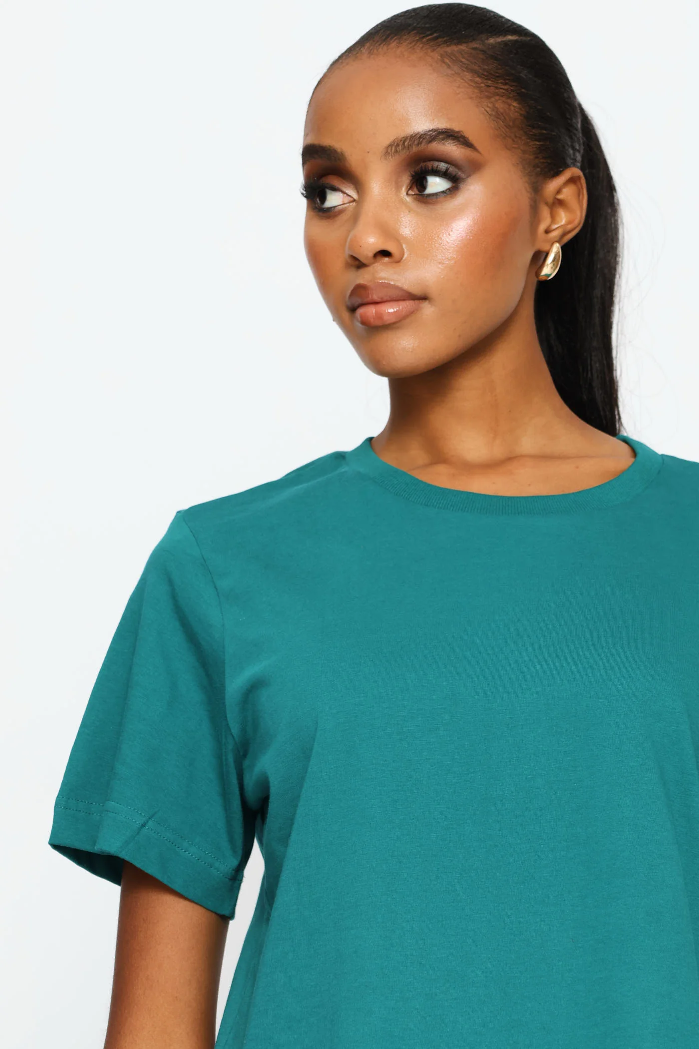 Rib Neck Cotton Boxy Tee - Teal - Image 2