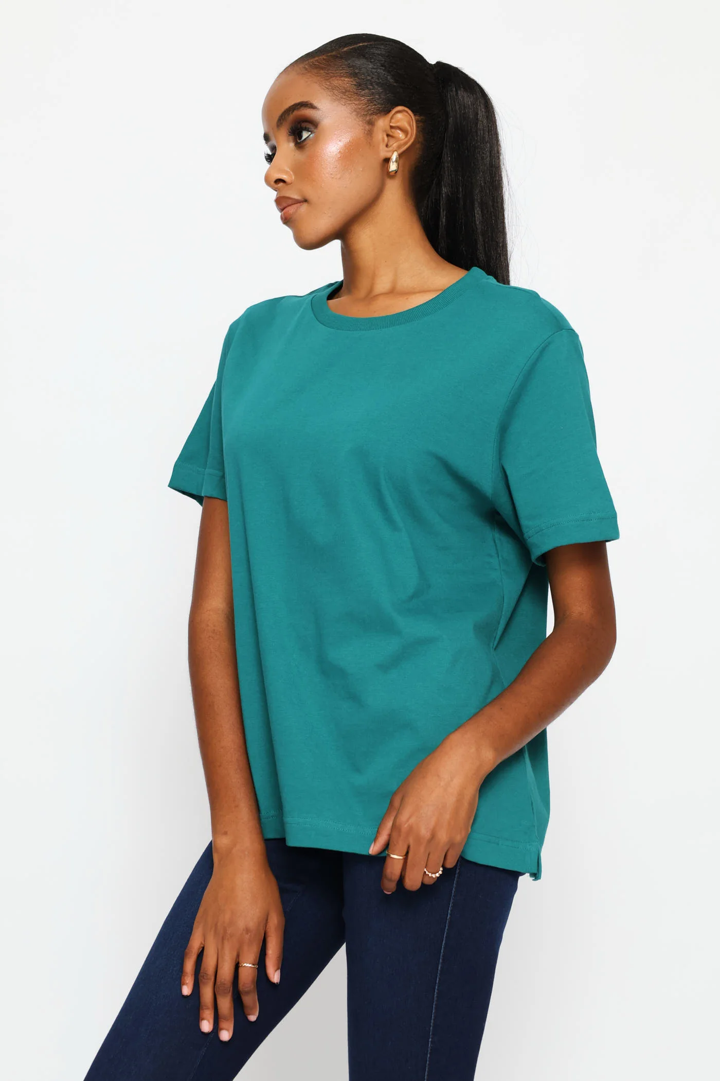 Rib Neck Cotton Boxy Tee - Teal - Image 3