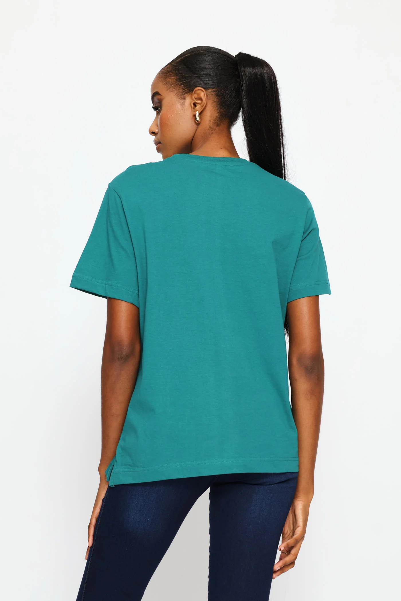 Rib Neck Cotton Boxy Tee - Teal - Image 4