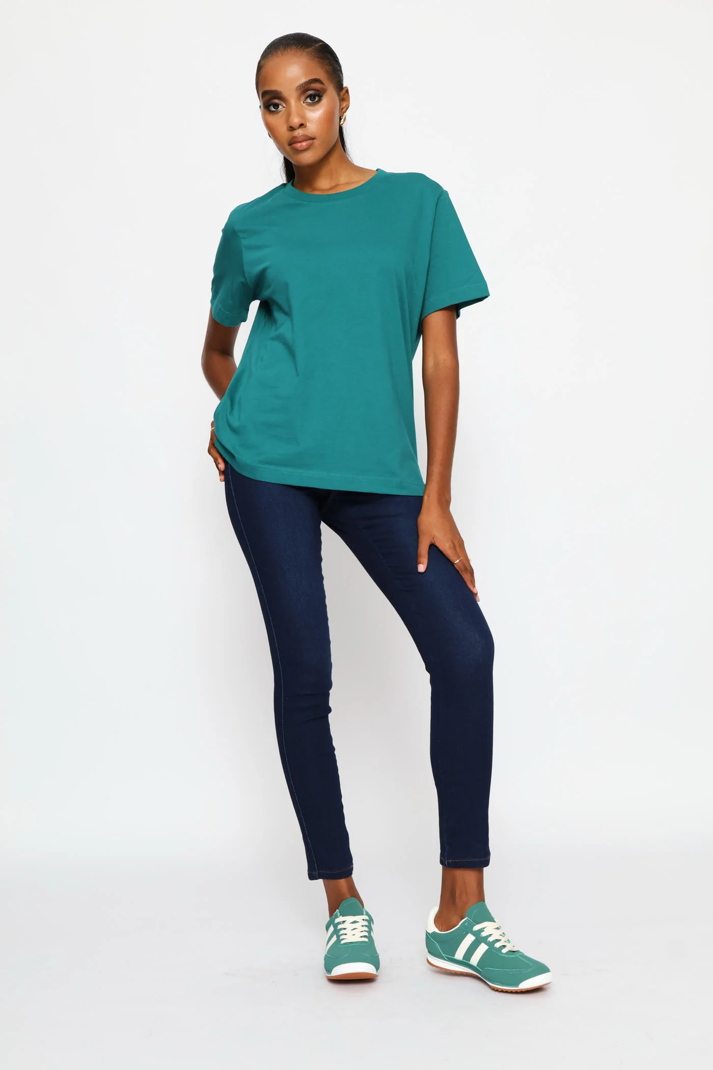 Rib Neck Cotton Boxy Tee - Teal - Image 5
