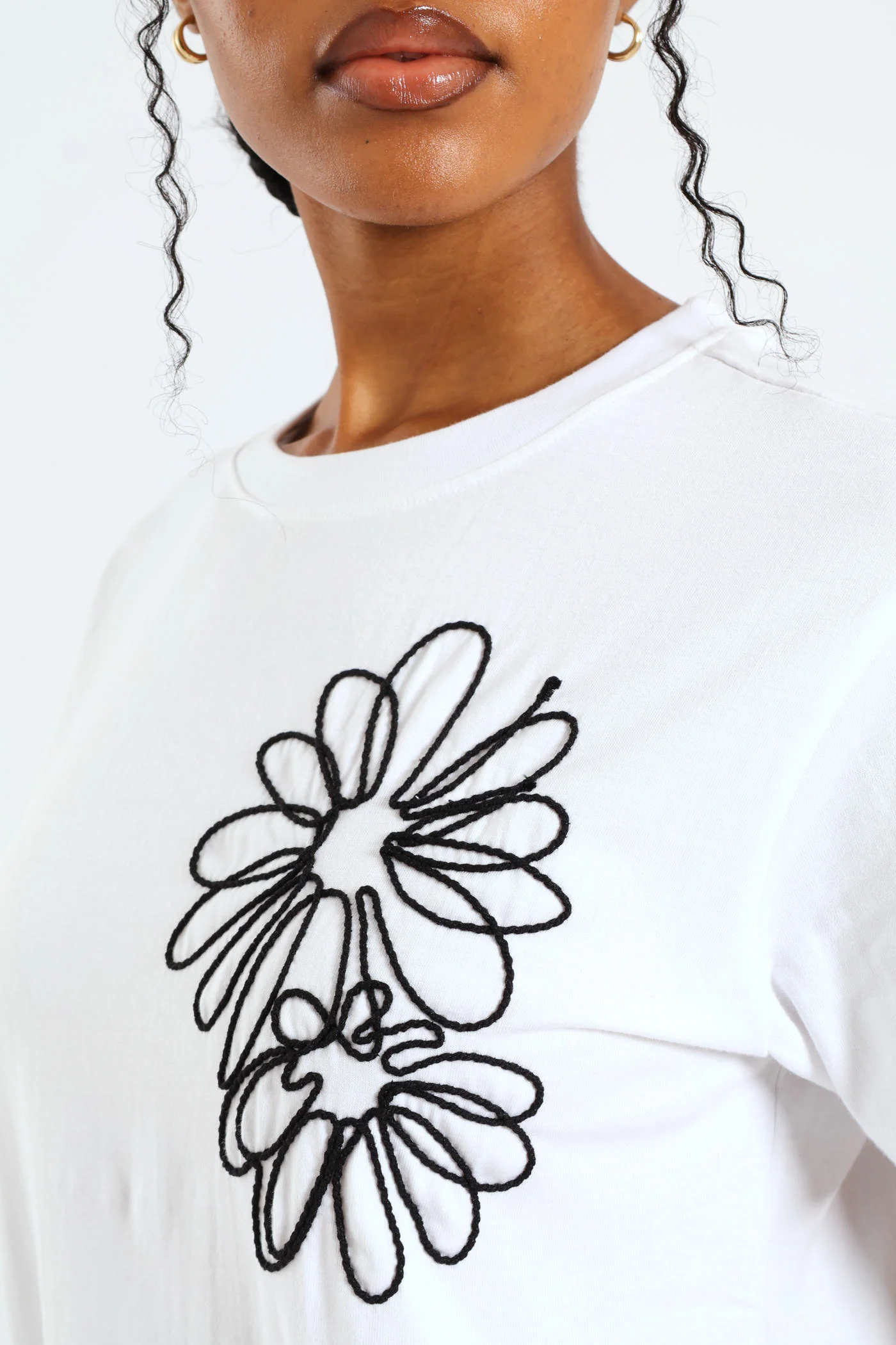 Rib Neck Daisy Cornelli Tee - White/Black - Image 2