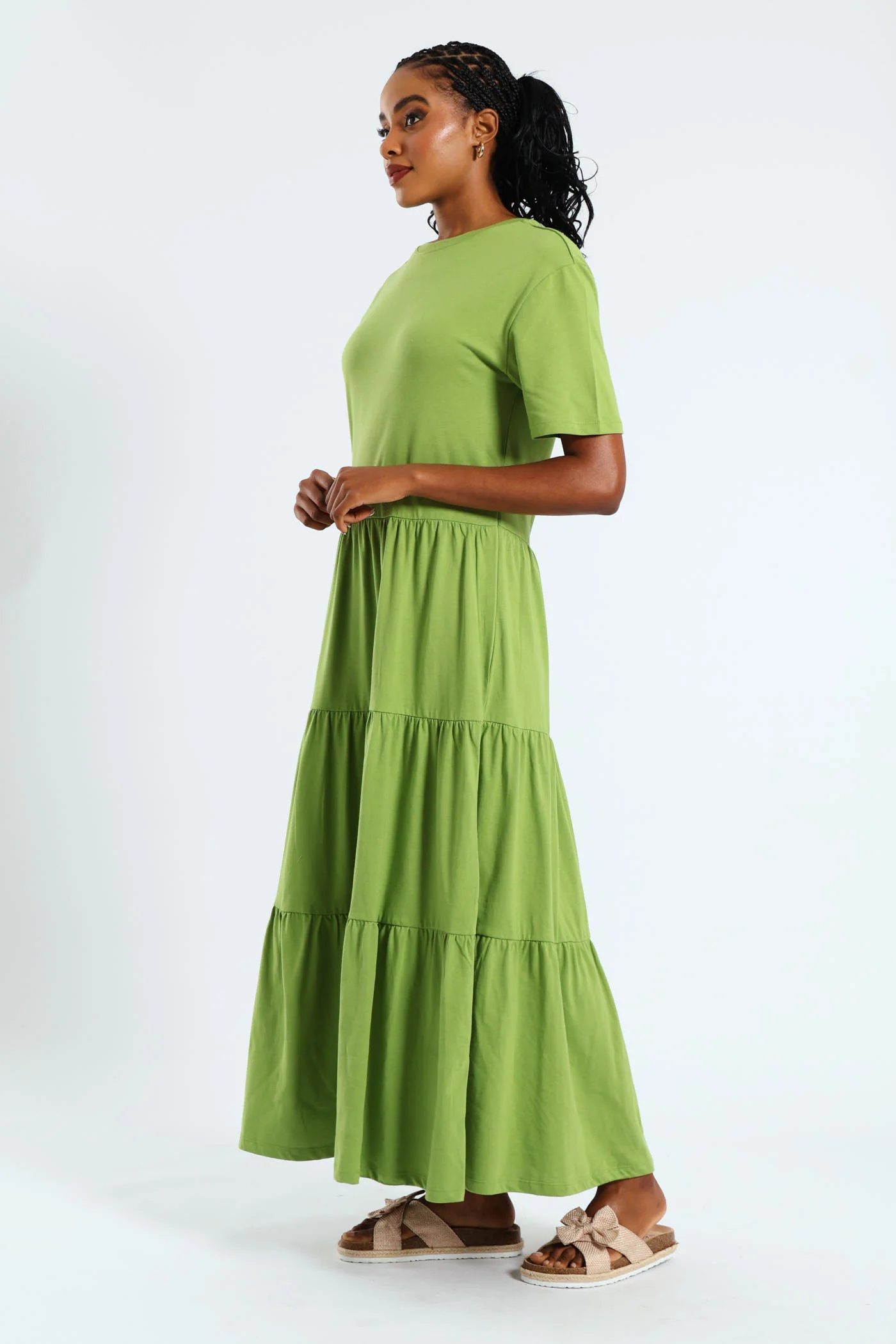 Rib Neck Tiered Cotton Midaxi Dress - Chartreuse - Image 2