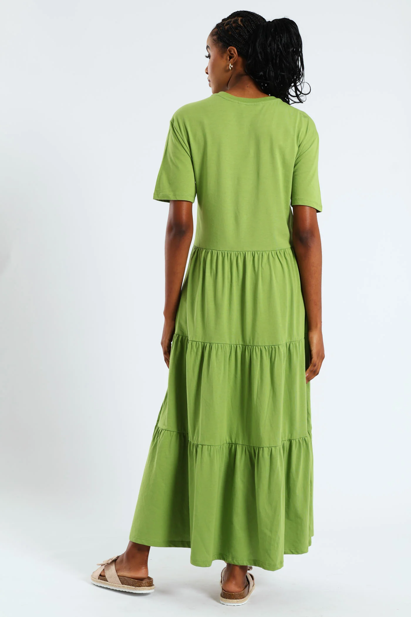 Rib Neck Tiered Cotton Midaxi Dress - Chartreuse - Image 3