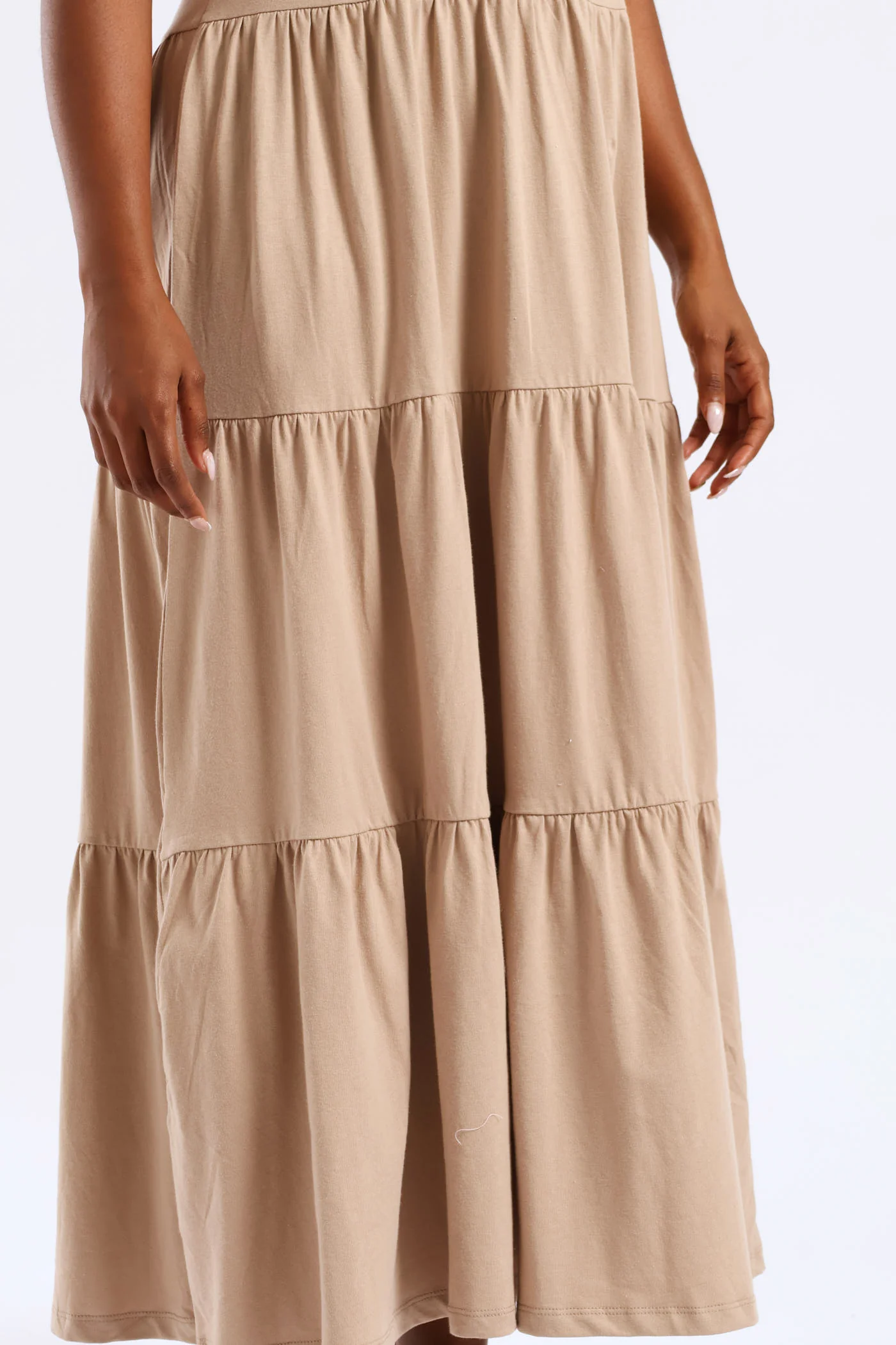 Rib Neck Tiered Cotton Midaxi Dress - Taupe - Image 2