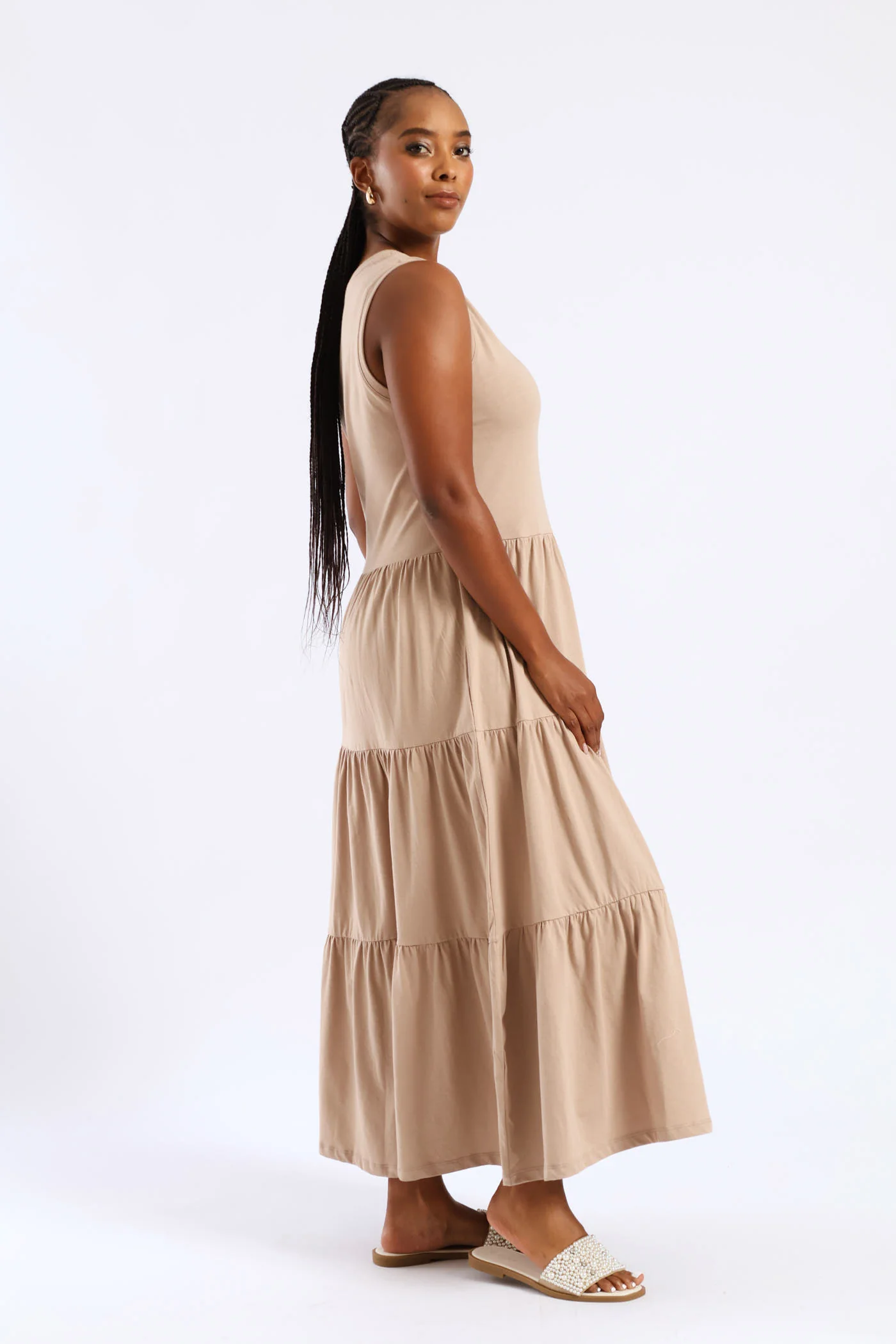 Rib Neck Tiered Cotton Midaxi Dress - Taupe - Image 3