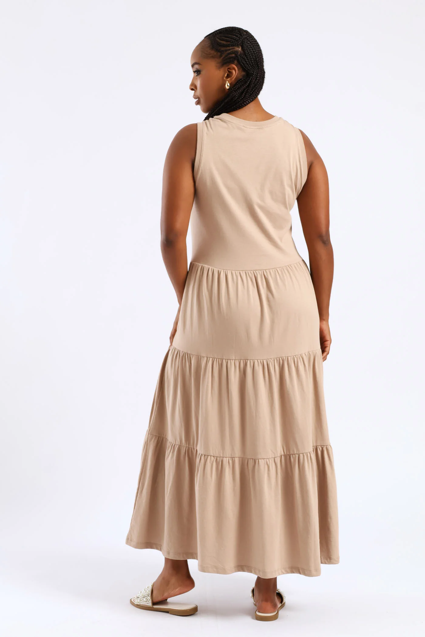Rib Neck Tiered Cotton Midaxi Dress - Taupe - Image 4