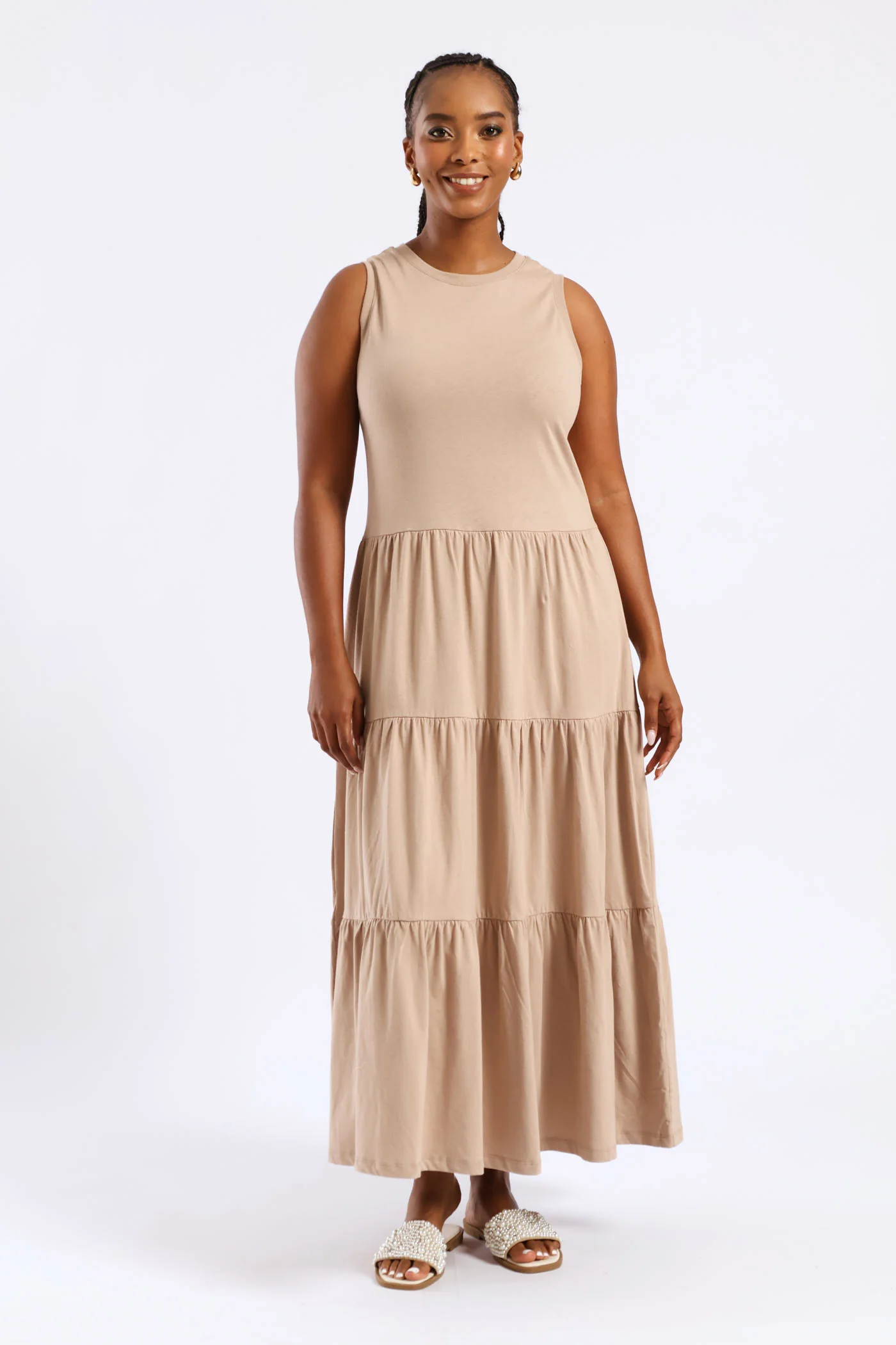 Rib Neck Tiered Cotton Midaxi Dress - Taupe - Image 5