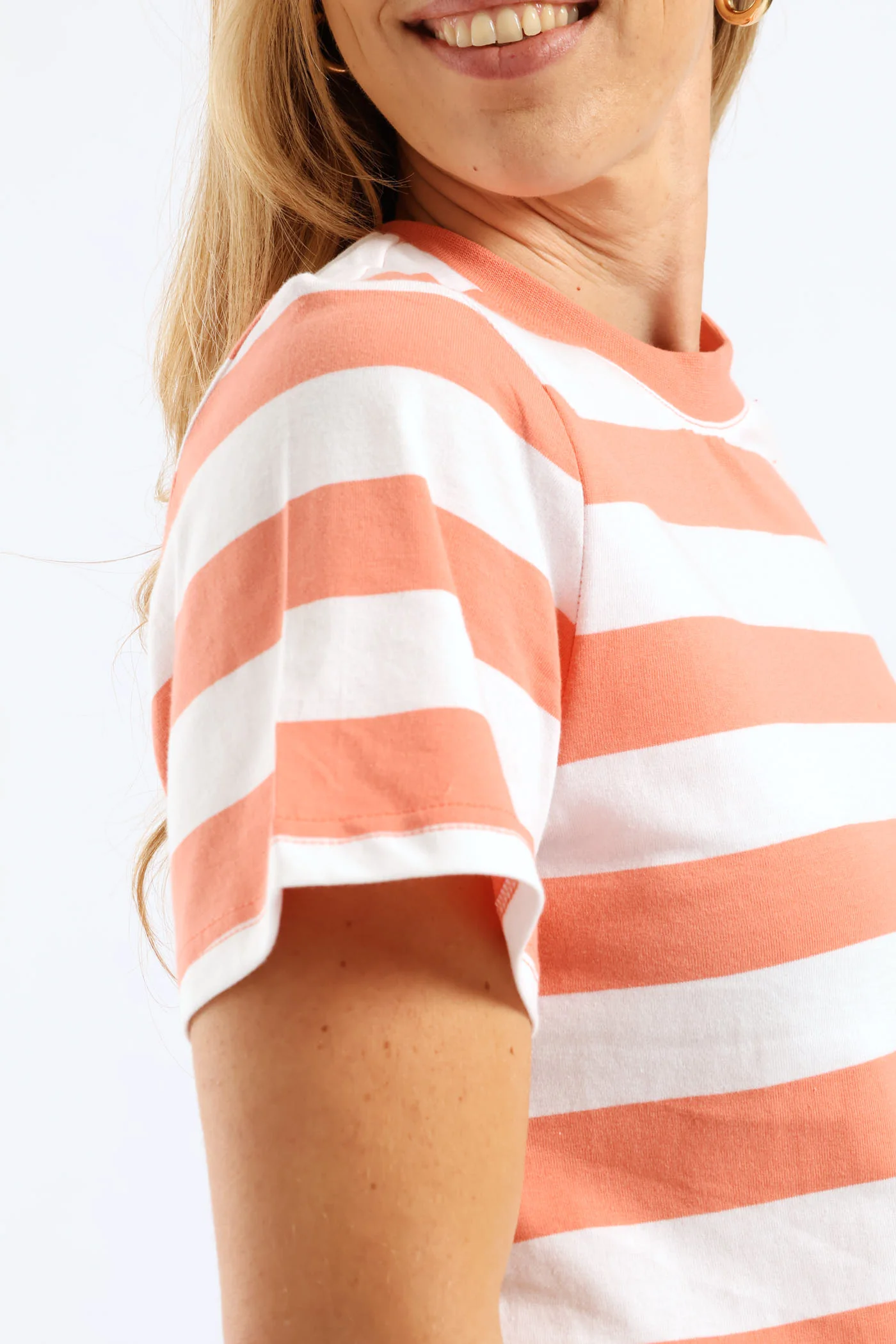Rib Neck Wide Stripe Boxy Tee - Dark Coral - Image 2