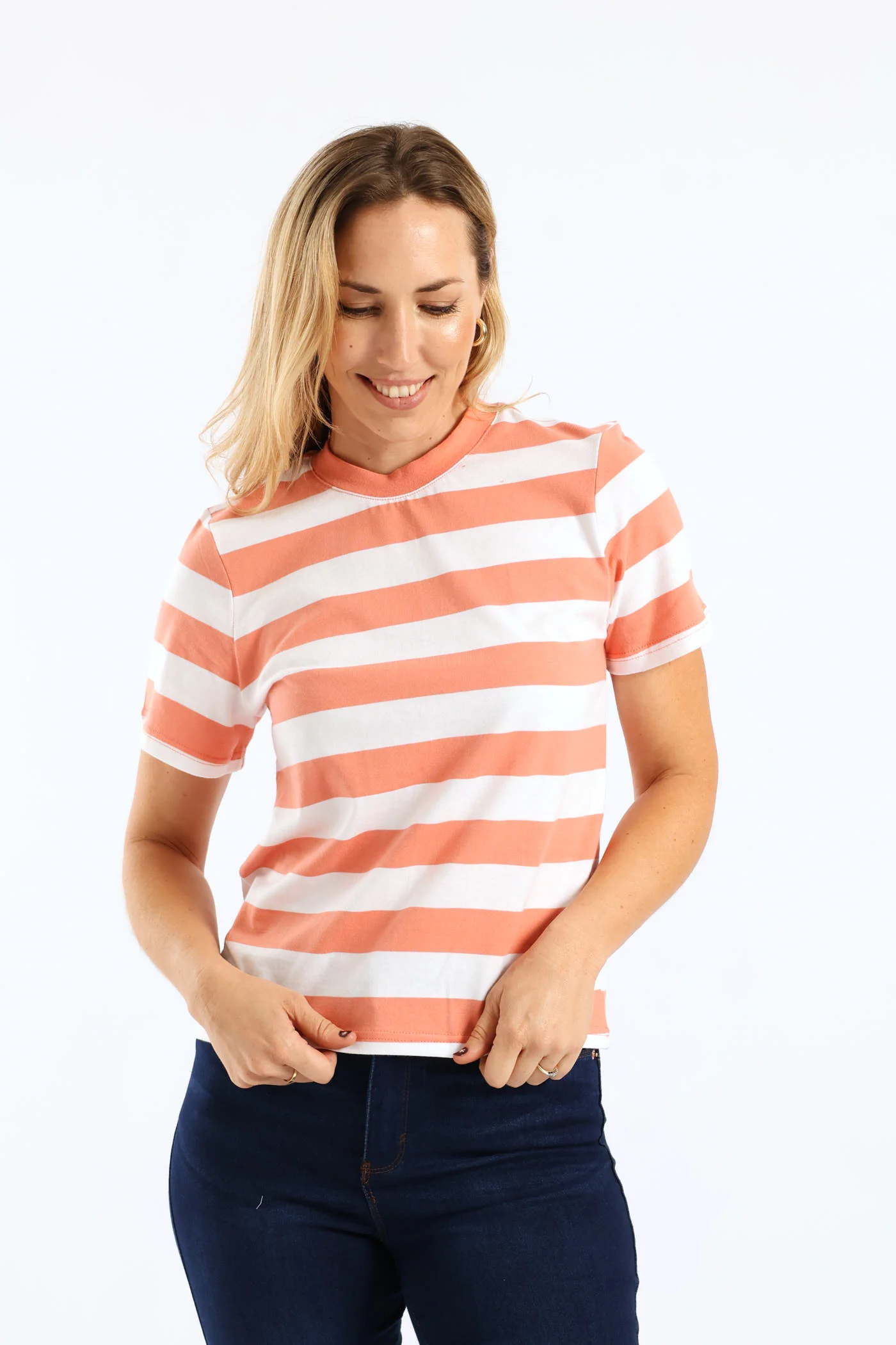 Rib Neck Wide Stripe Boxy Tee - Dark Coral - Image 3