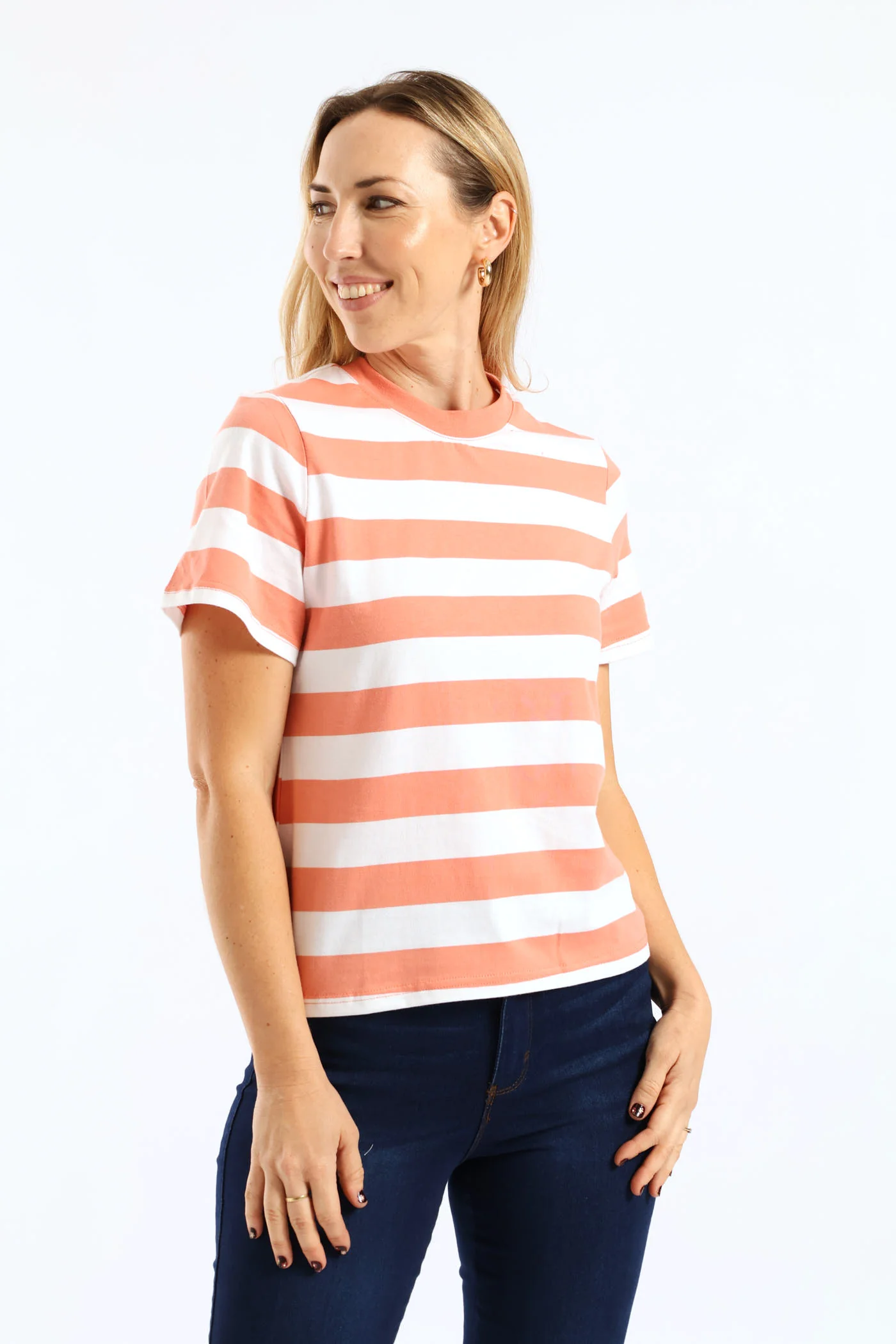 Rib Neck Wide Stripe Boxy Tee - Dark Coral - Image 6
