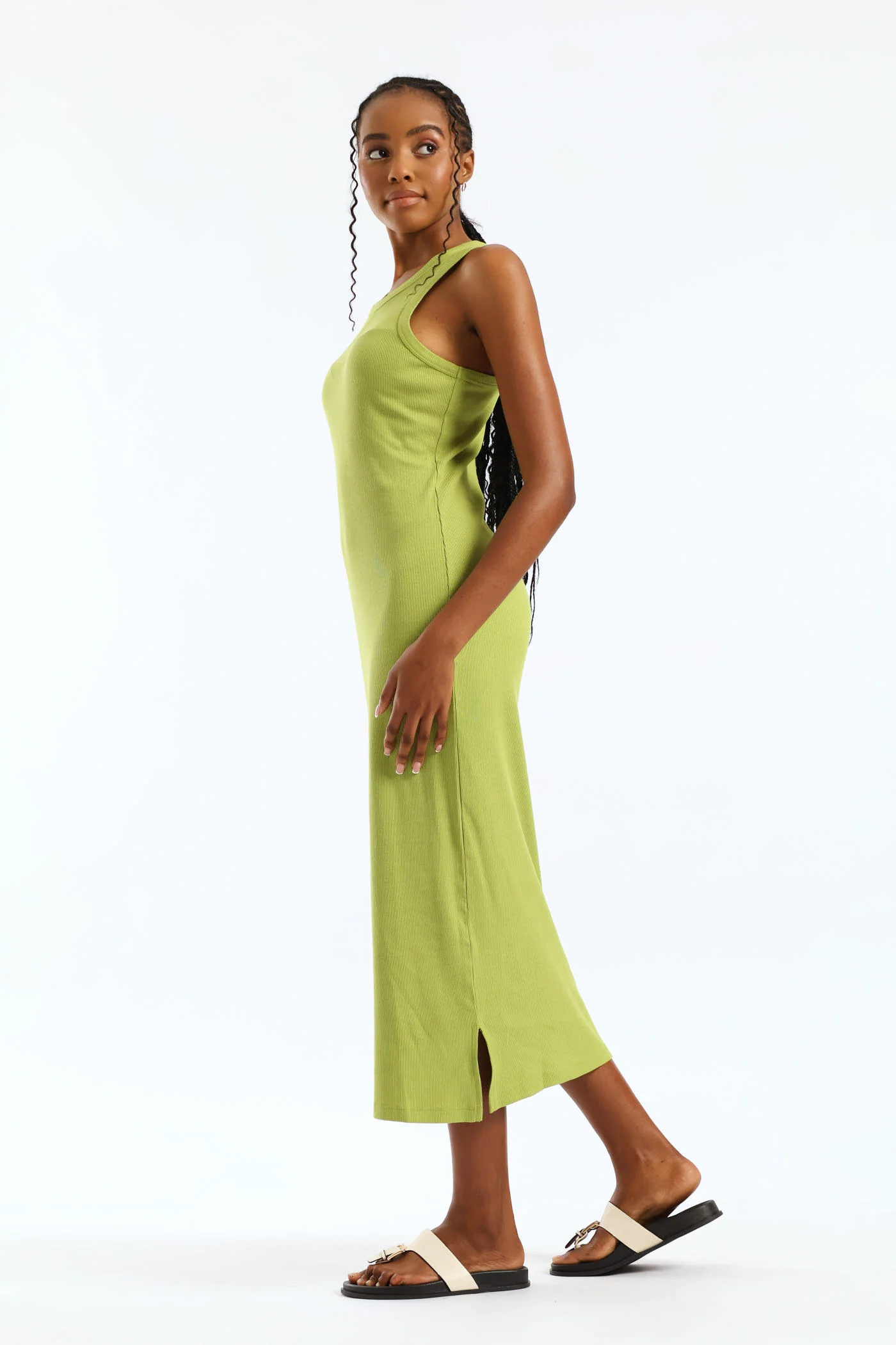 Rib Tank Column Side Slits Midi Dress - Chartreuse - Image 3