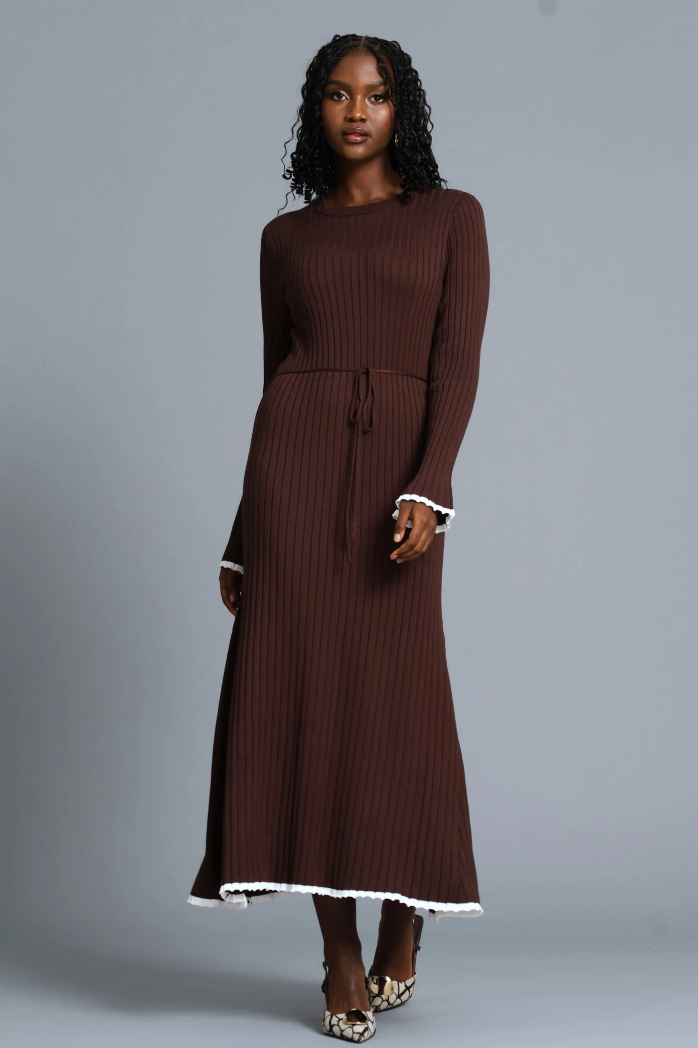 Ribbed Belted Flared Knitwear Maxi Dress - Chocolate - Image 2