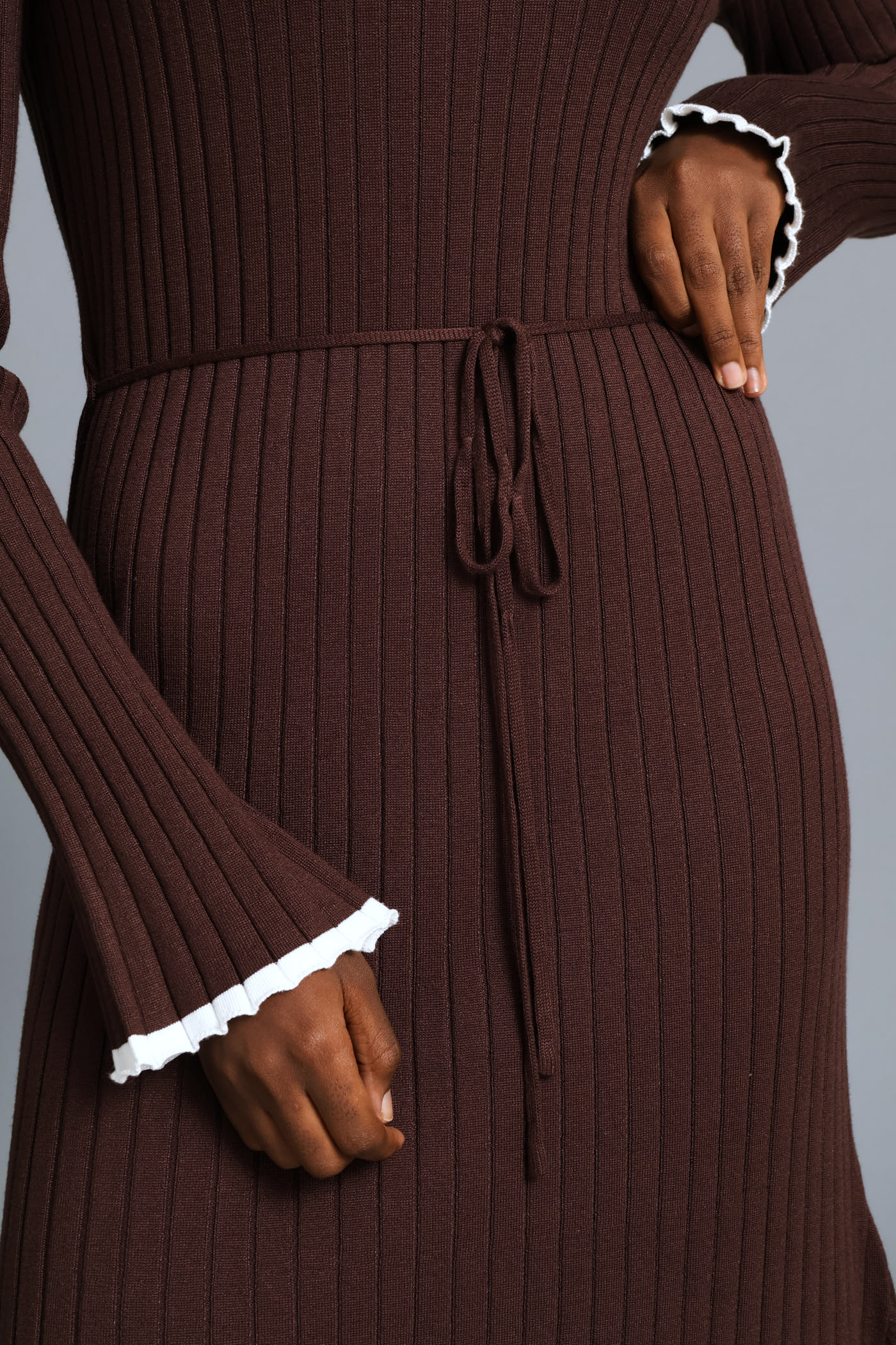 Ribbed Belted Flared Knitwear Maxi Dress - Chocolate - Image 3