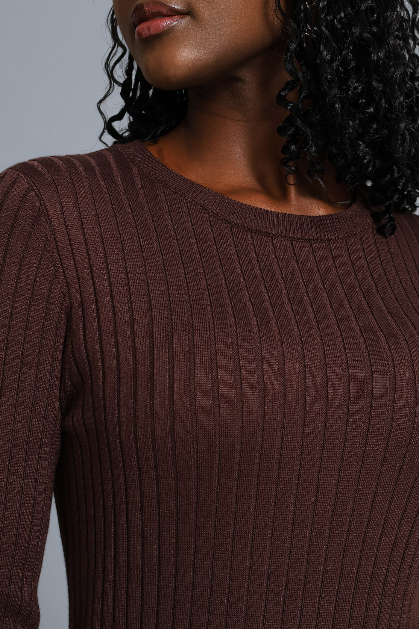 Ribbed Belted Flared Knitwear Maxi Dress - Chocolate - Image 4